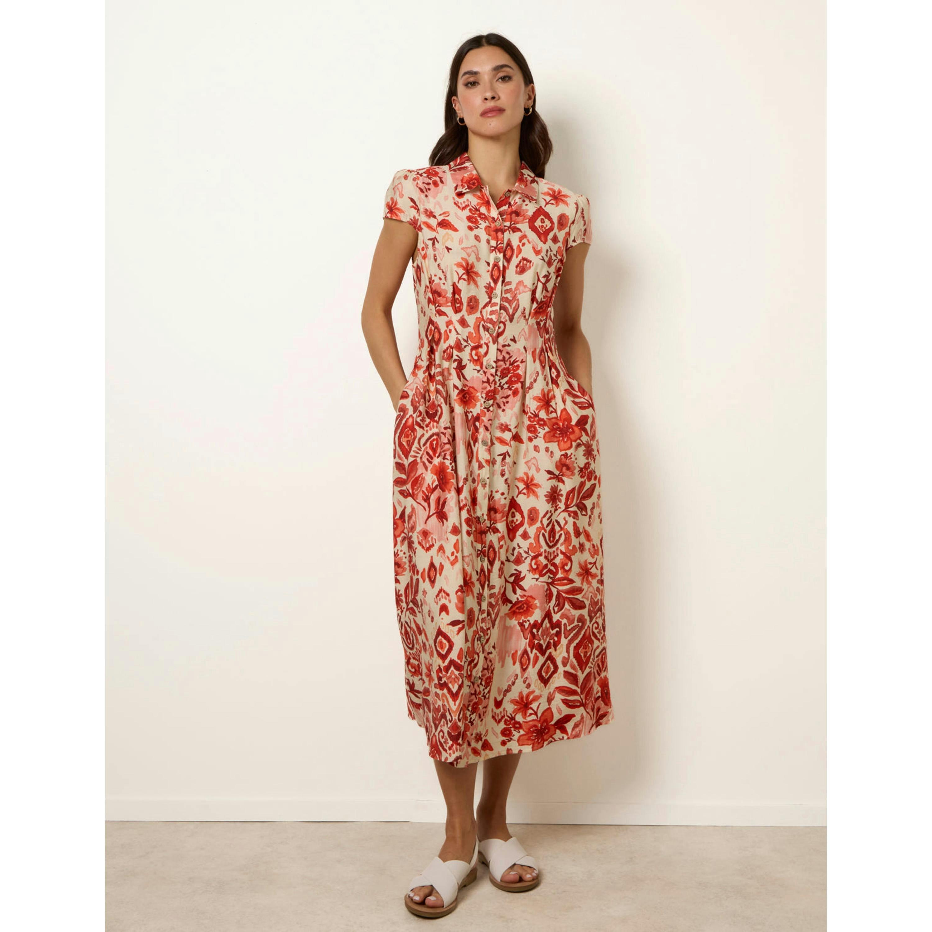 Blue Vanilla Watercolour Floral Printed Button Front Shirt Dress   in  Orange , view 1 of 4