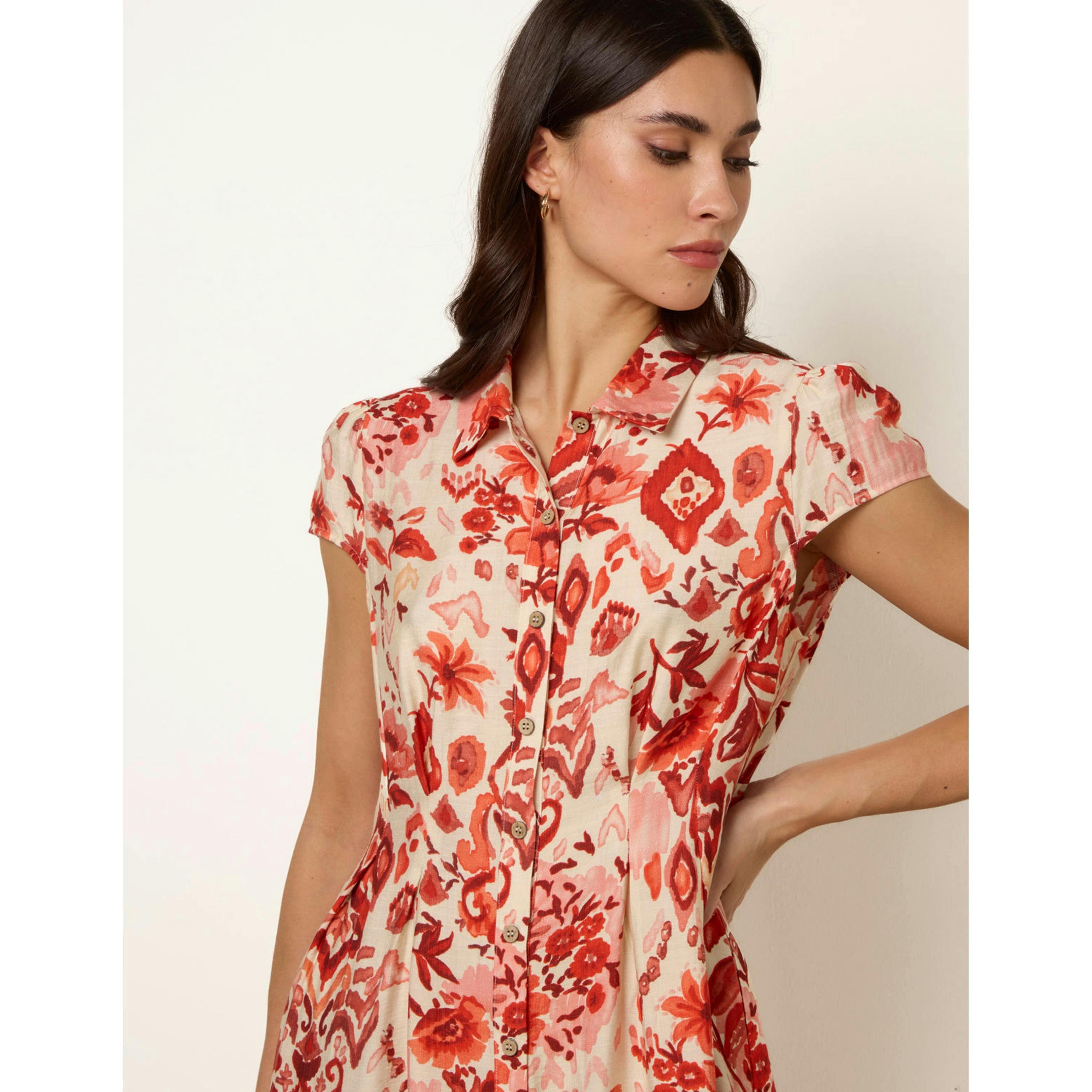 Blue Vanilla Watercolour Floral Printed Button Front Shirt Dress  in Orange , view 2 of 4