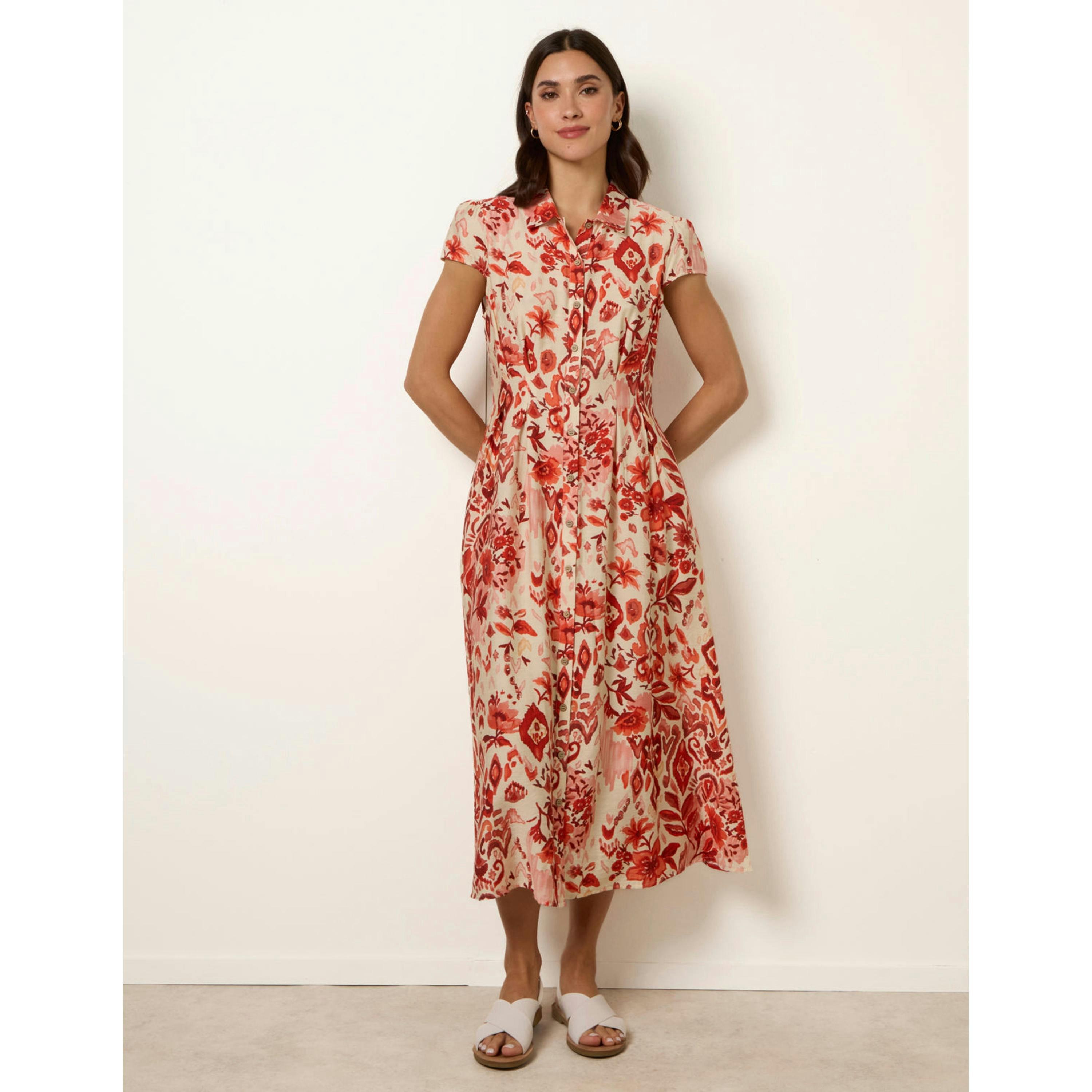 Blue Vanilla Watercolour Floral Printed Button Front Shirt Dress  in Orange , view 3 of 4