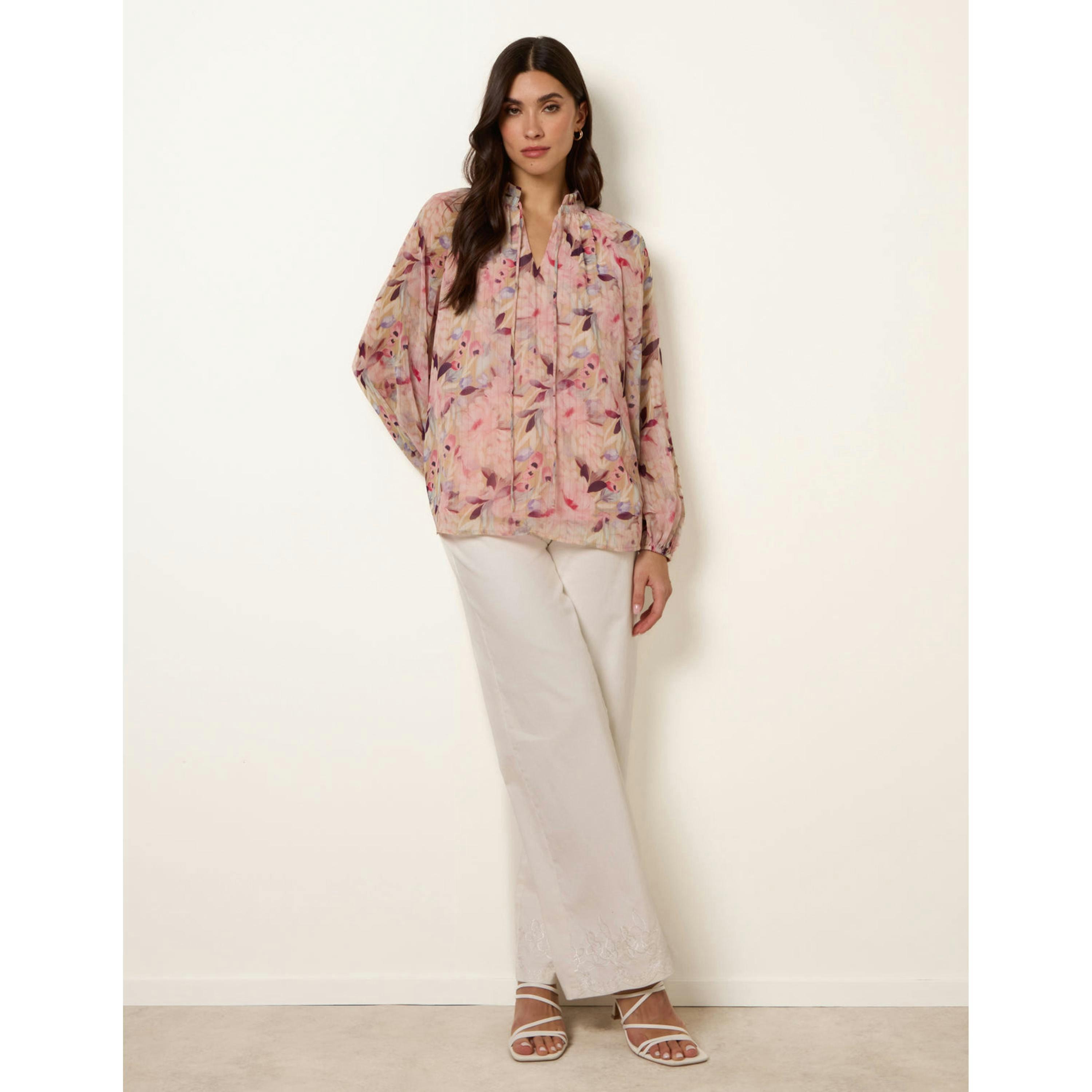 Blue Vanilla Watercolour Floral Printed Tie Front Blouse   in  Pink , view 1 of 4