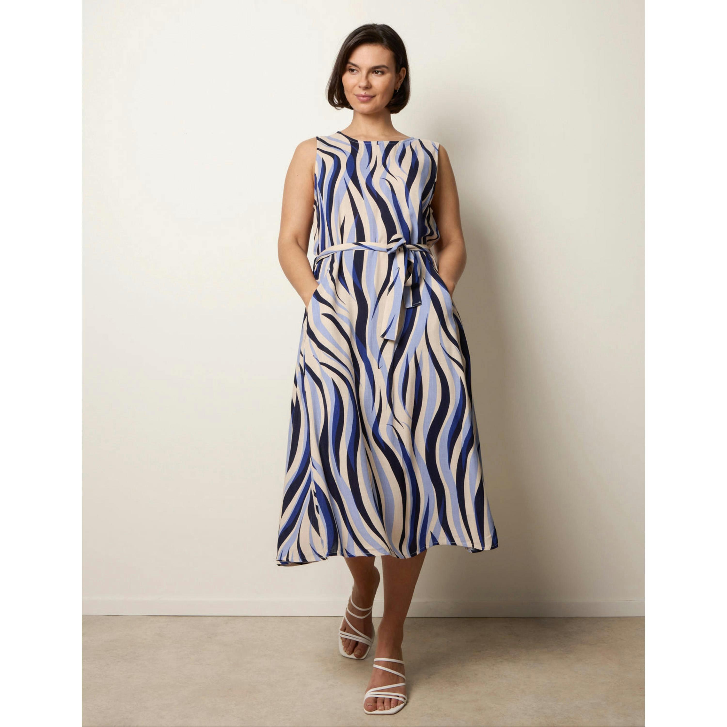 Blue Vanilla Bold Wave Print Belted Dress  in Navy , view 4 of 4