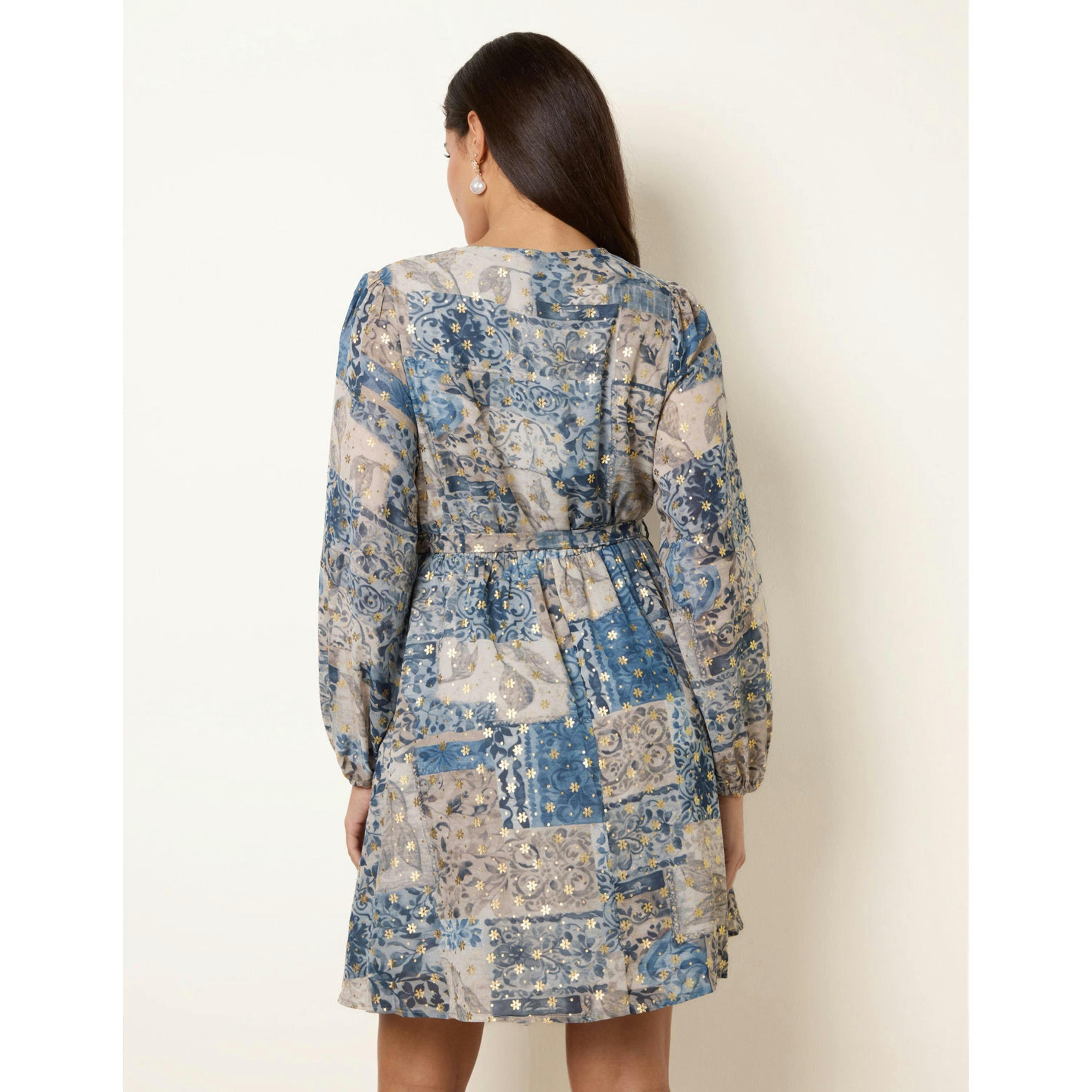 Blue Vanilla Foil Patchwork Mini Dress  in Blue , view 2 of 4