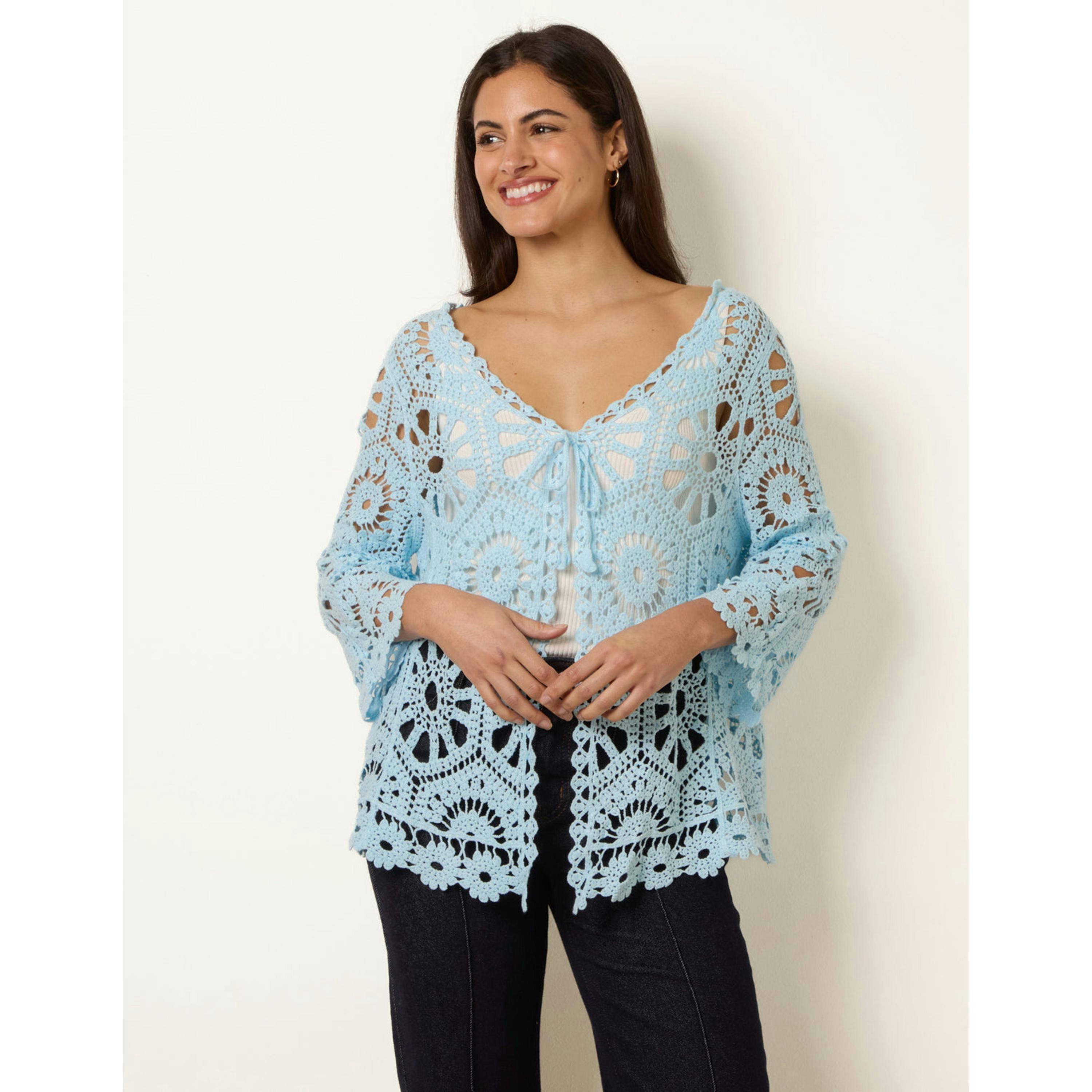 Blue Vanilla Long-Sleeved Crochet Cardigan   in  Blue , view 1 of 4