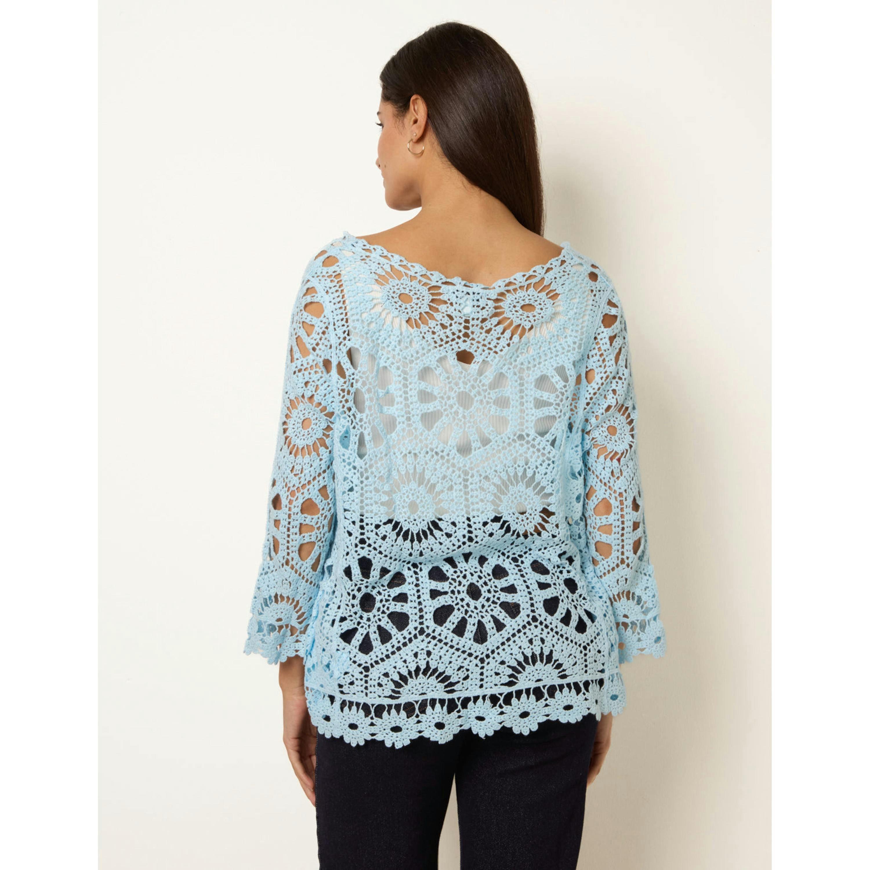 Blue Vanilla Long-Sleeved Crochet Cardigan  in Blue , view 2 of 4