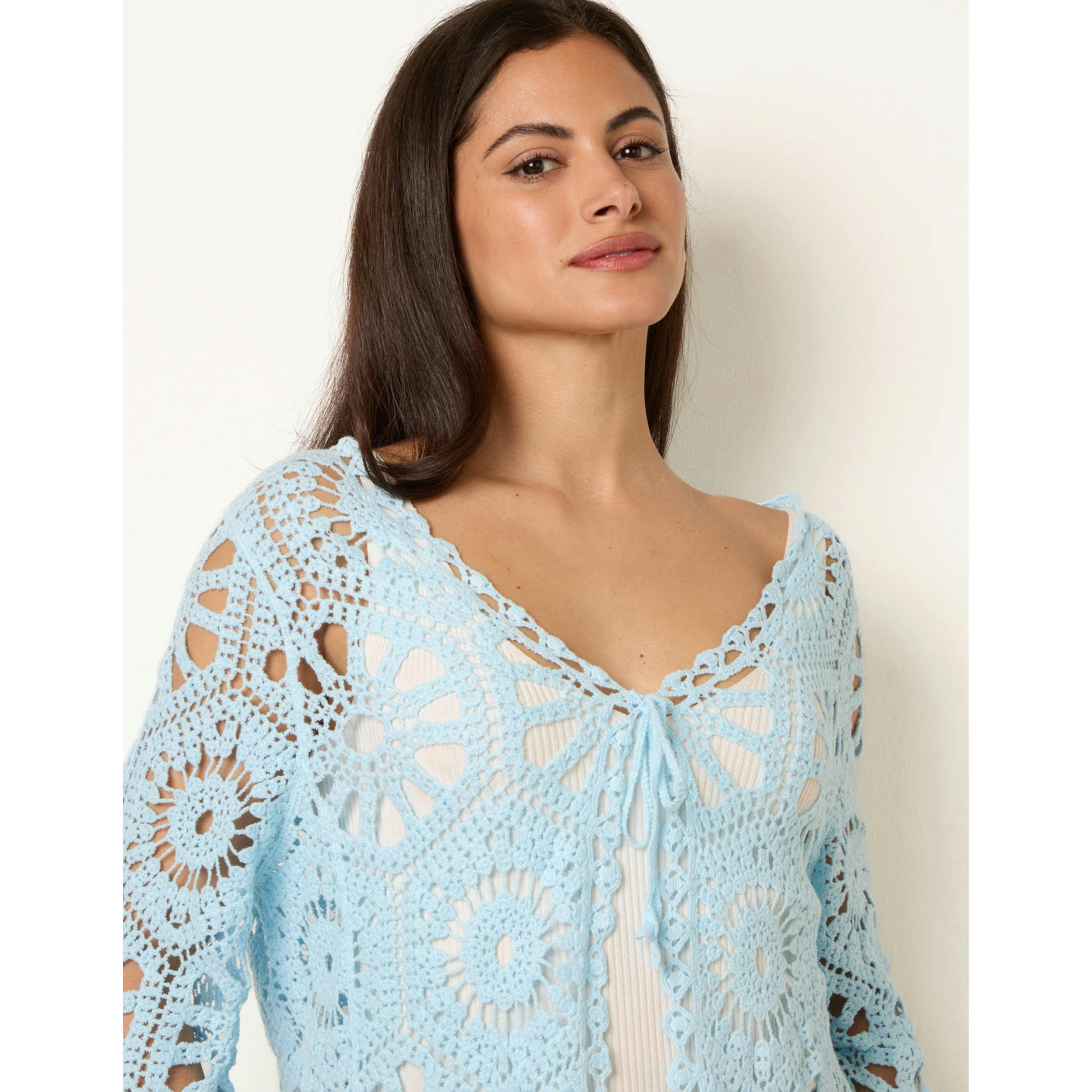 Blue Vanilla Long-Sleeved Crochet Cardigan  in Blue , view 3 of 4