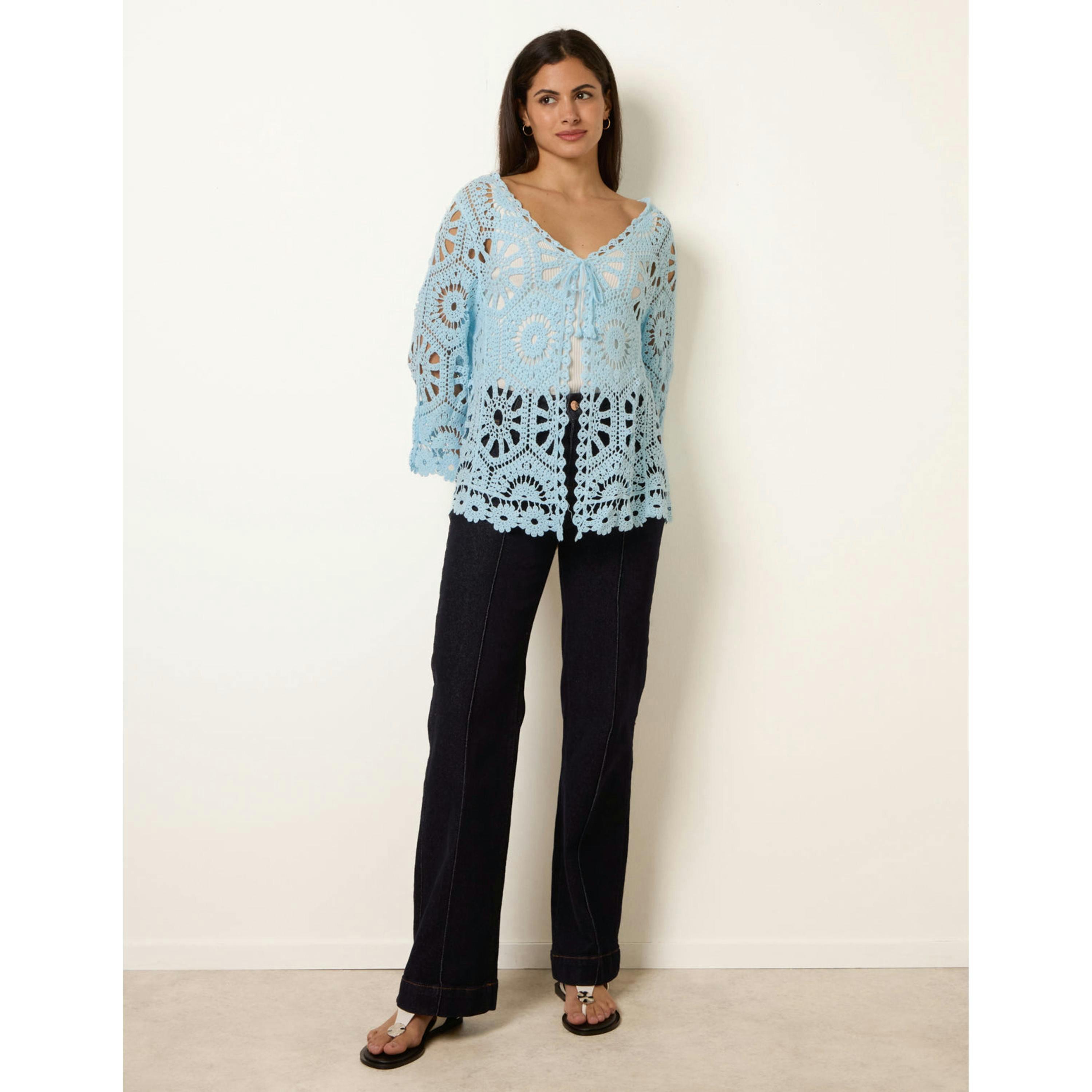 Blue Vanilla Long-Sleeved Crochet Cardigan  in Blue , view 4 of 4