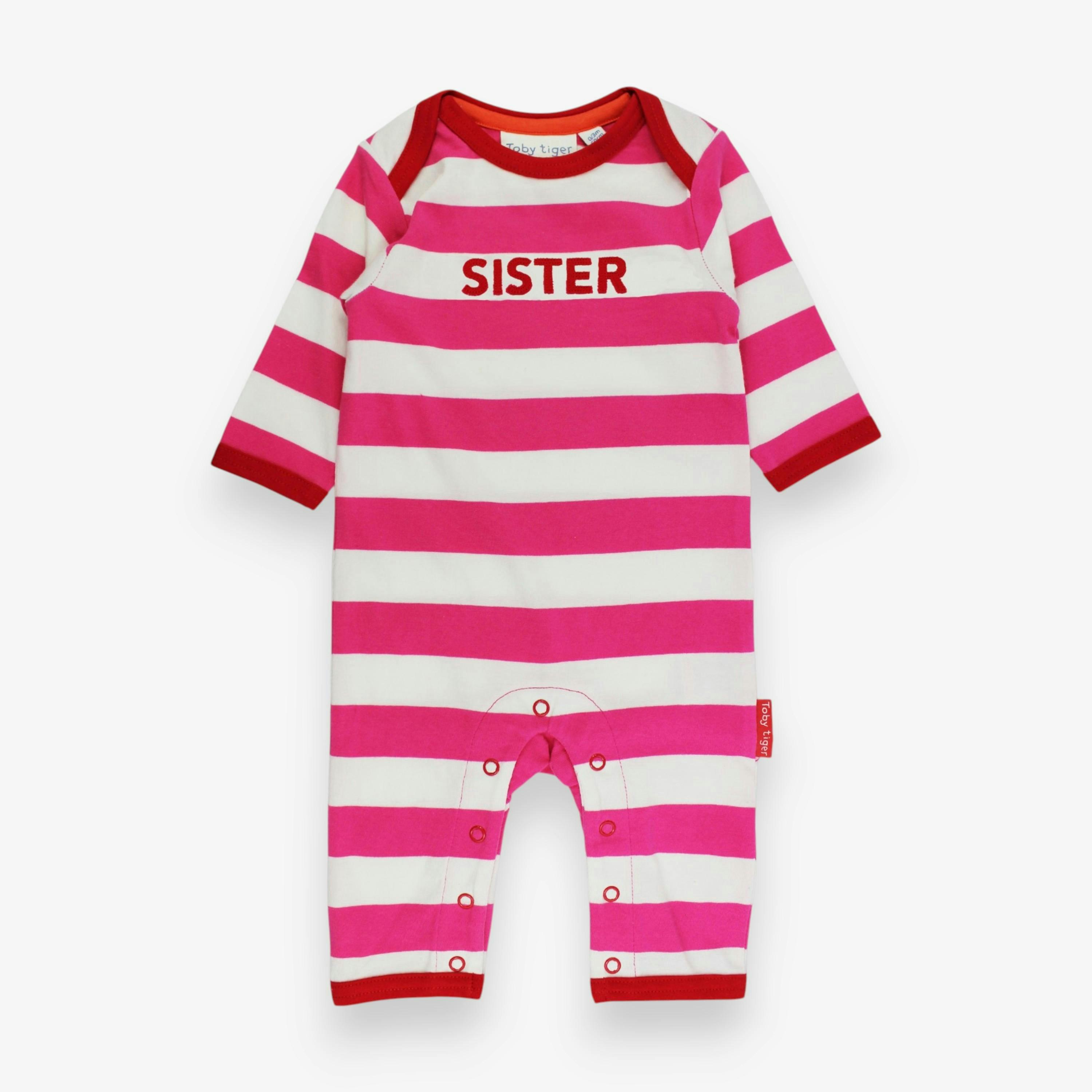 Organic Sister Applique Pink Stripe Sleepsuit , view 1 of 3