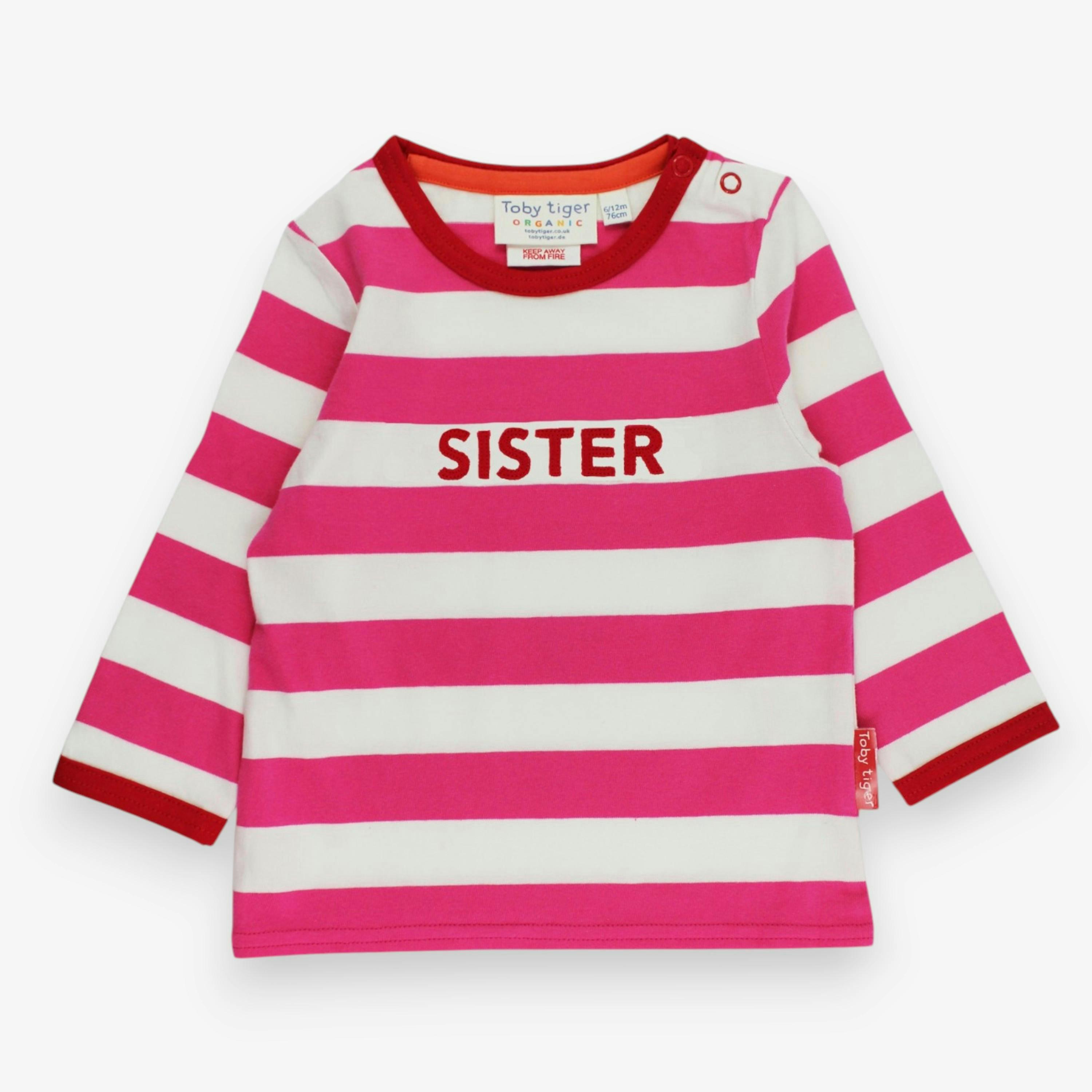 Organic Pink Stripe Sister Applique Long-Sleeved T-Shirt , view 1 of 3
