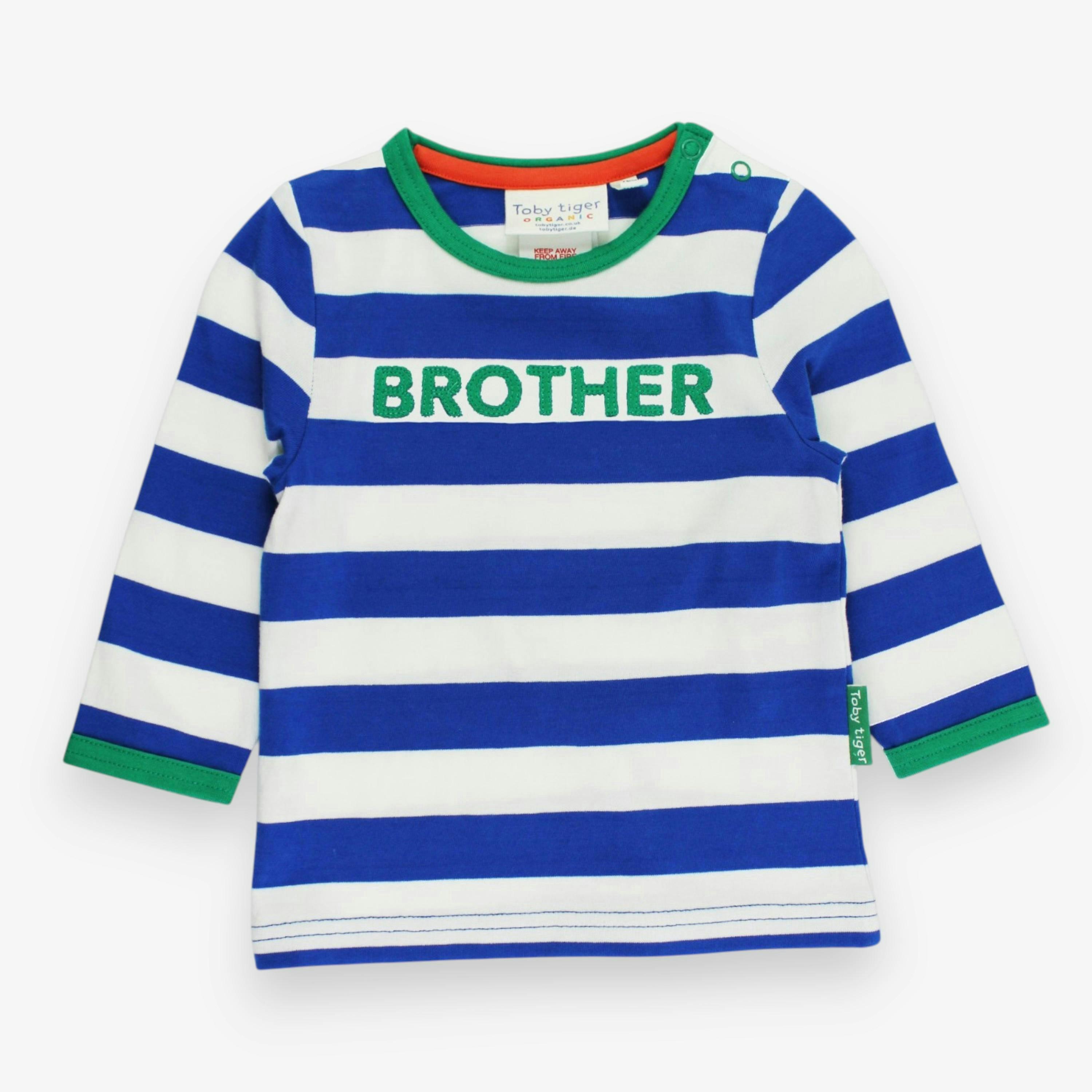 Organic Blue Stripe Brother Applique Long-Sleeved T-Shirt , view 1 of 1