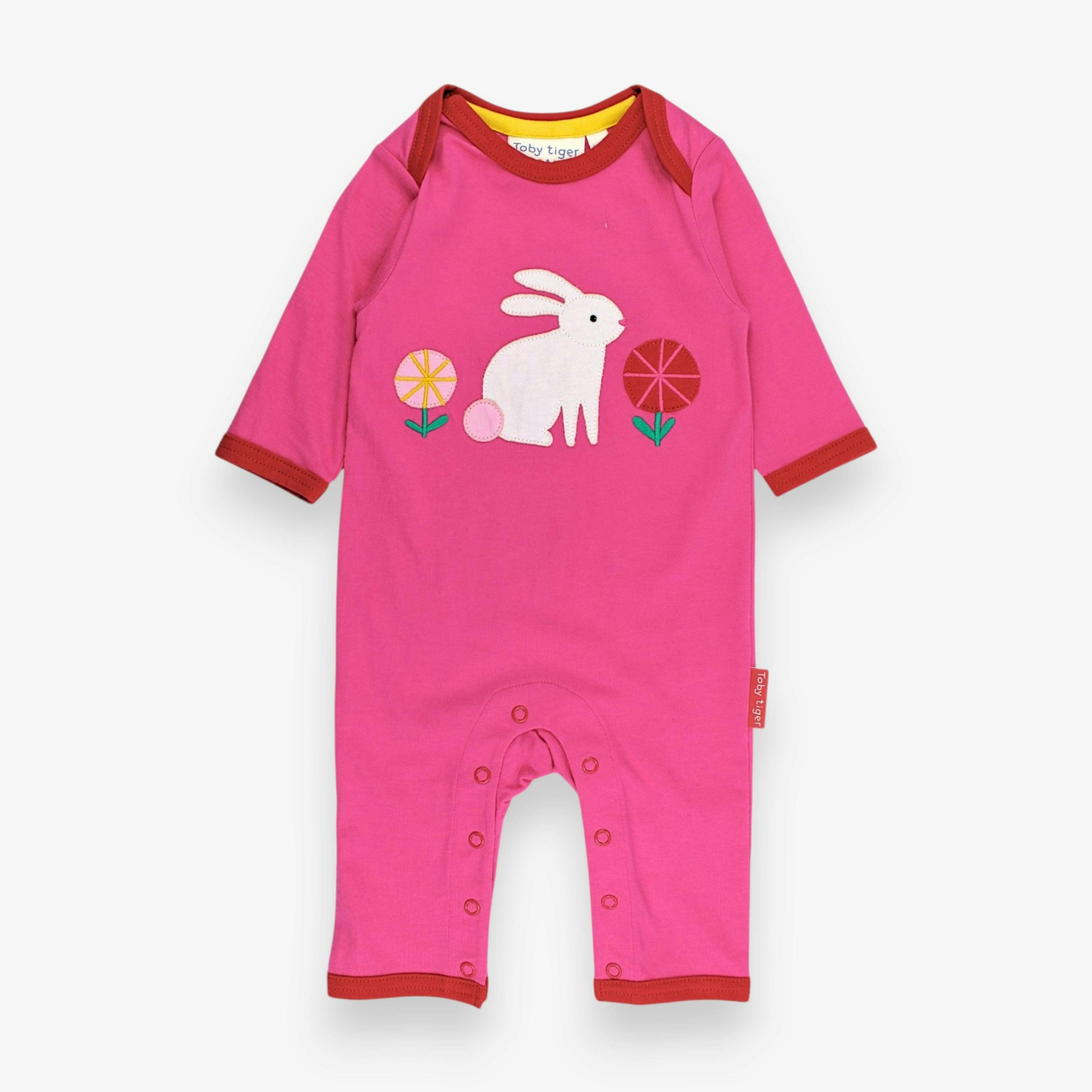 Organic Bunny Hop Applique Pink Sleepsuit , view 1 of 3