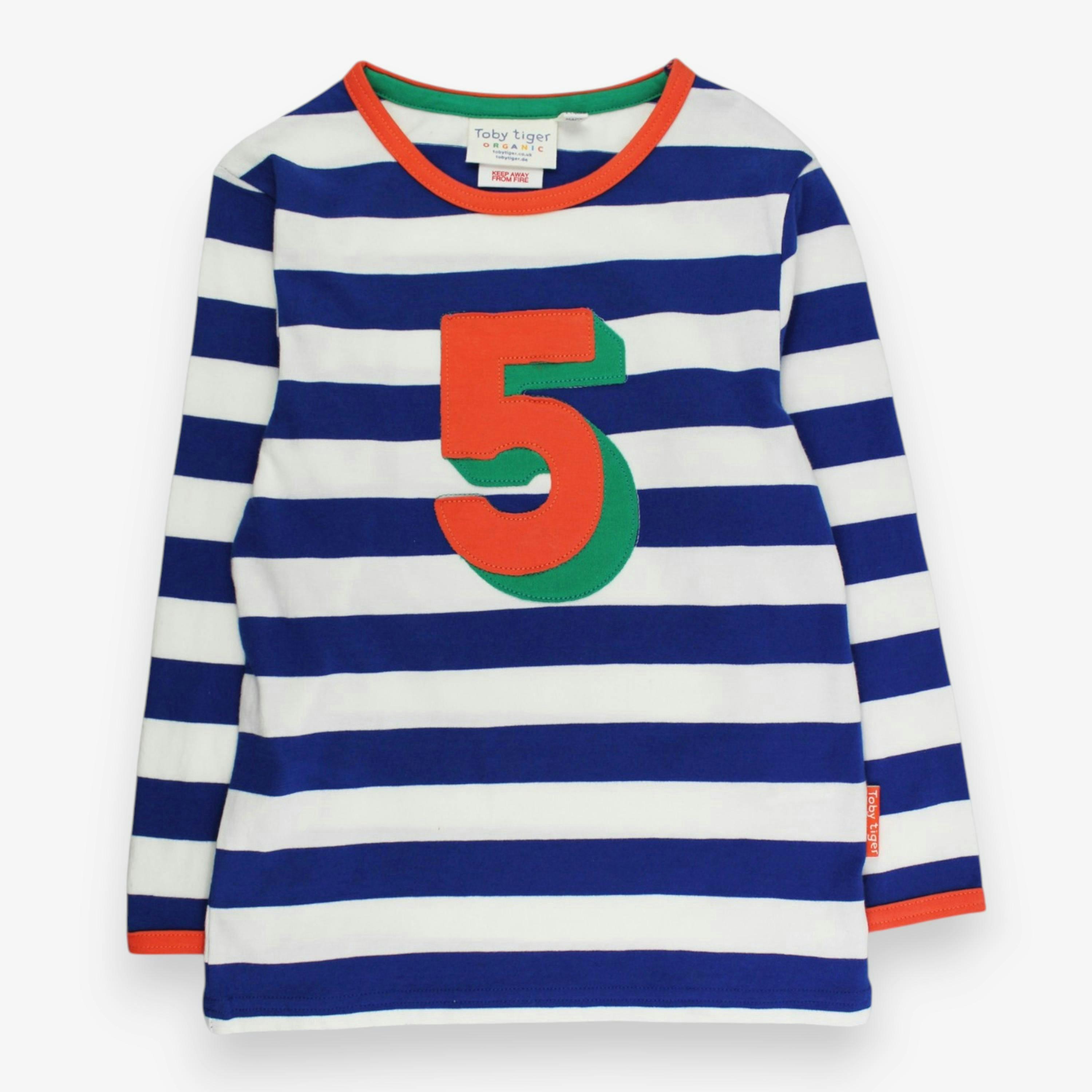 Organic Five Applique Blue Stripe Long-Sleeved T-Shirt , view 1 of 3