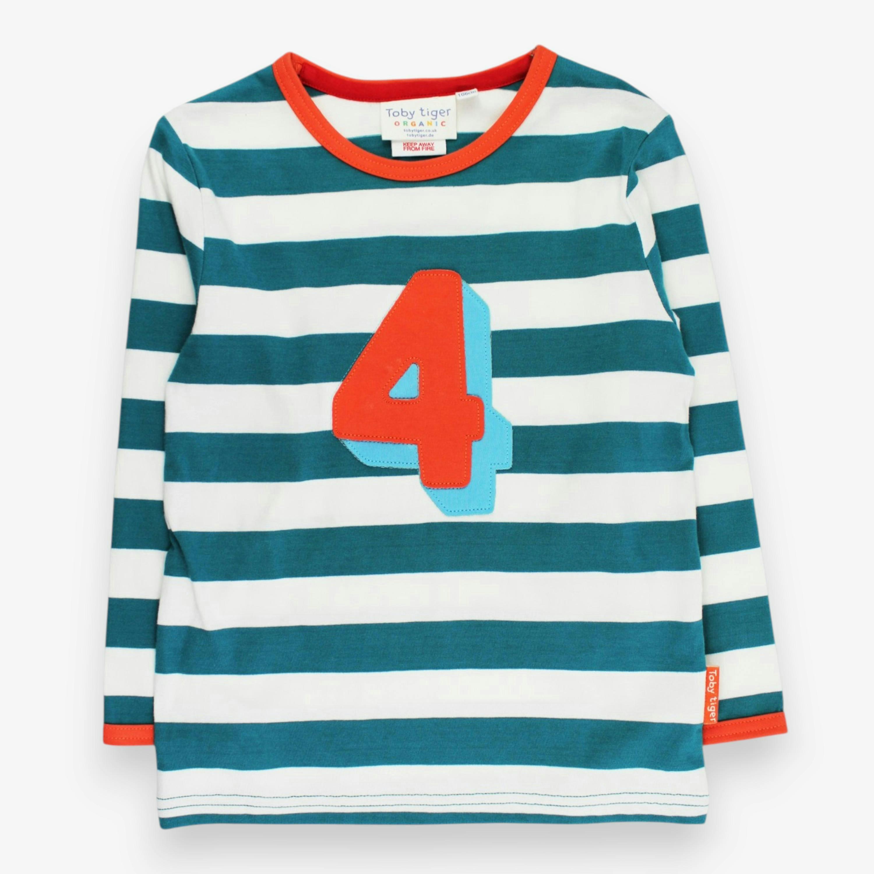 Organic Four Applique Teal Stripe Long-Sleeved T-Shirt , view 1 of 3