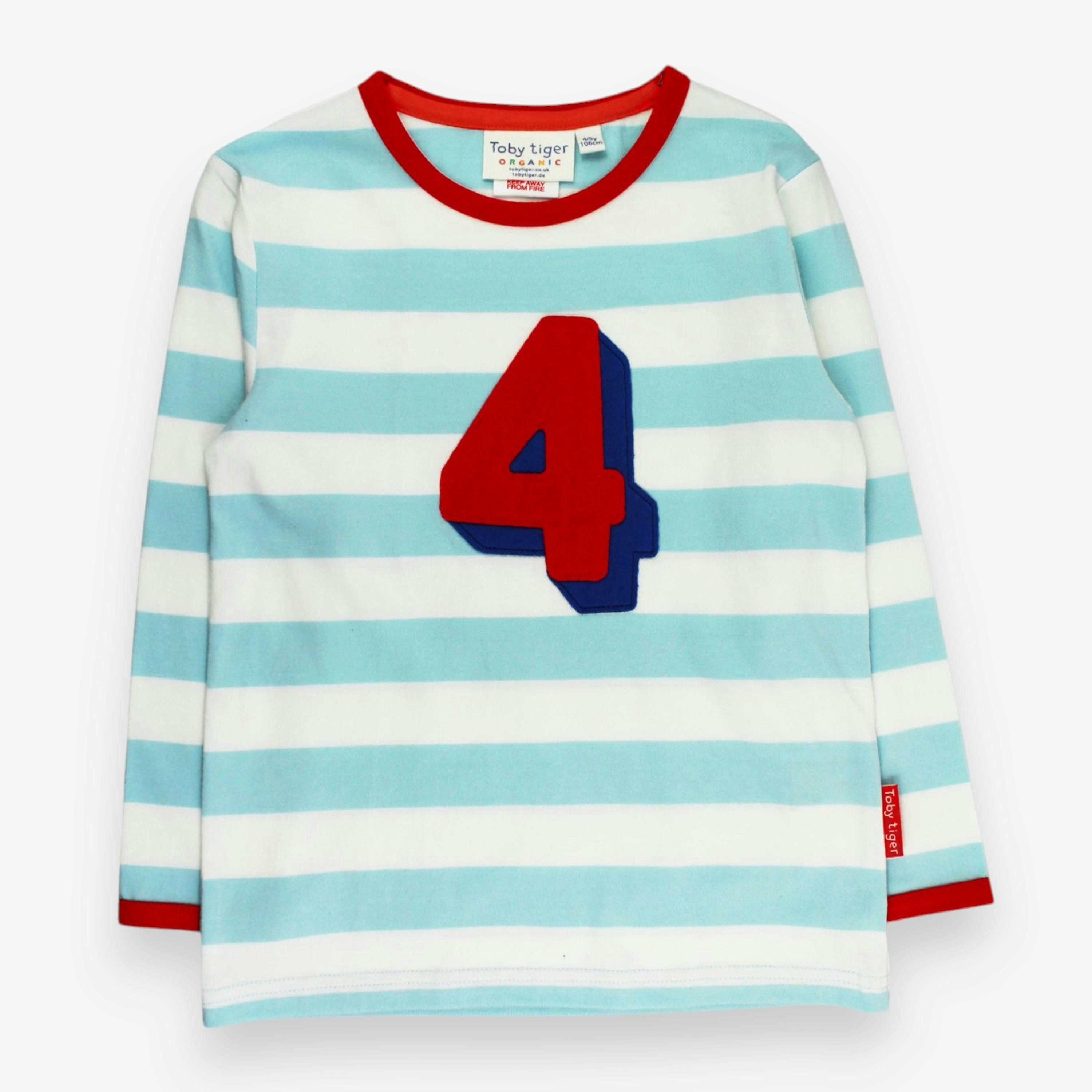 Organic Four Applique Blue Stripe Long-Sleeved T-Shirt , view 1 of 2