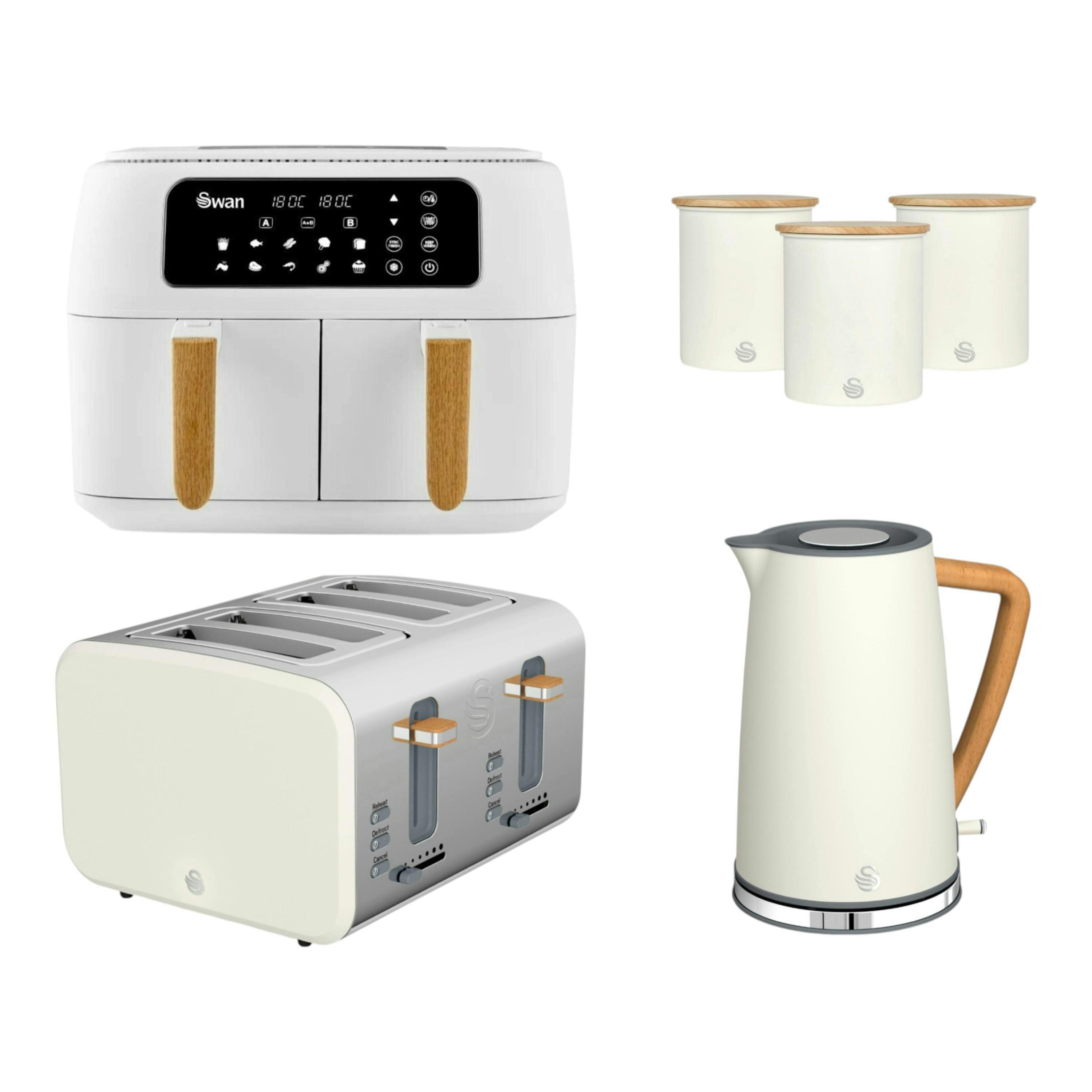 Swan Nordic White 1.7L Jug Kettle, 4 Slice Toaster, Dual Basket Air Fryer & Canisters Matching Set , view 1 of 1