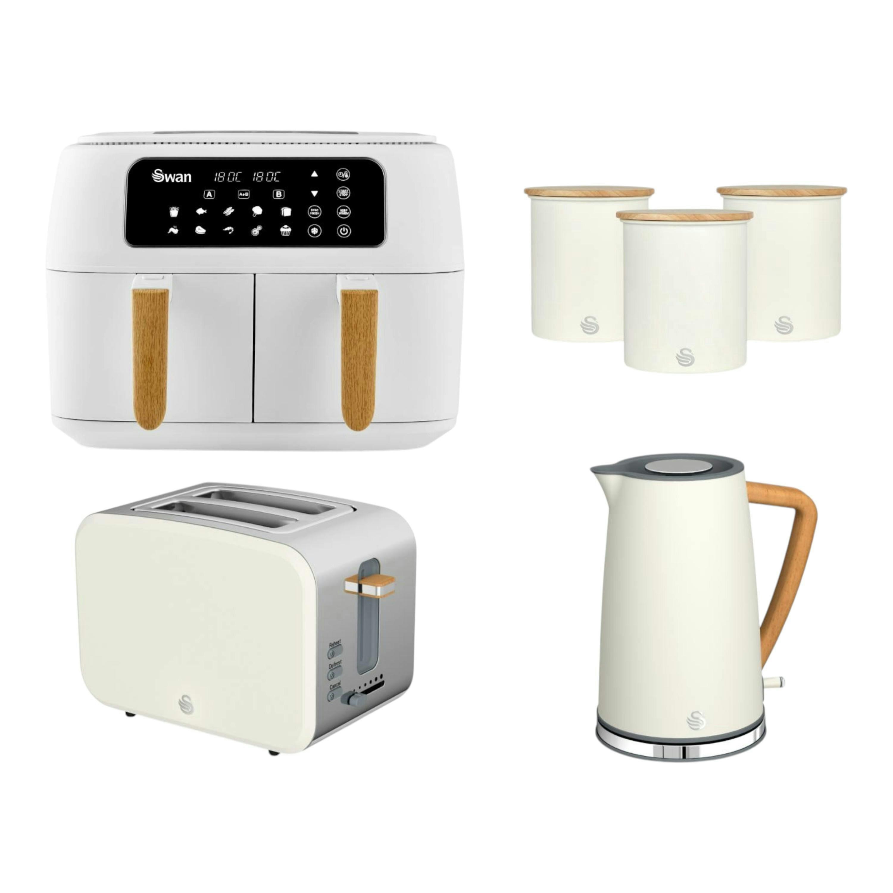 Swan Nordic White 1.7L Jug Kettle, 2 Slice Toaster, 8L Dual Basket Air Fryer & Canisters Matching Set , view 1 of 1
