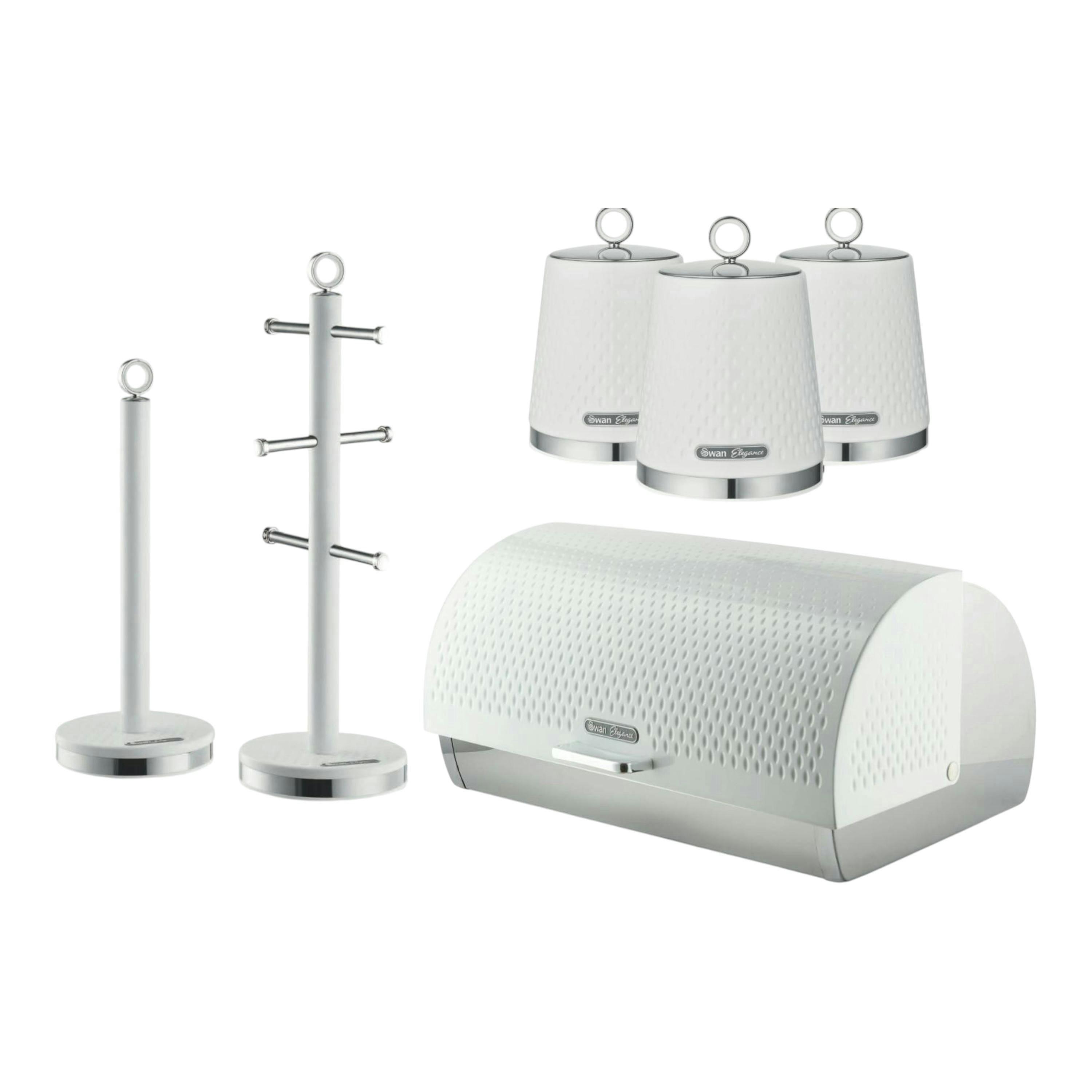 Swan Elegance White Breadbin, Canisters, Mug Tree & Towel Pole Kitchen Storage Set , view 1 of 1