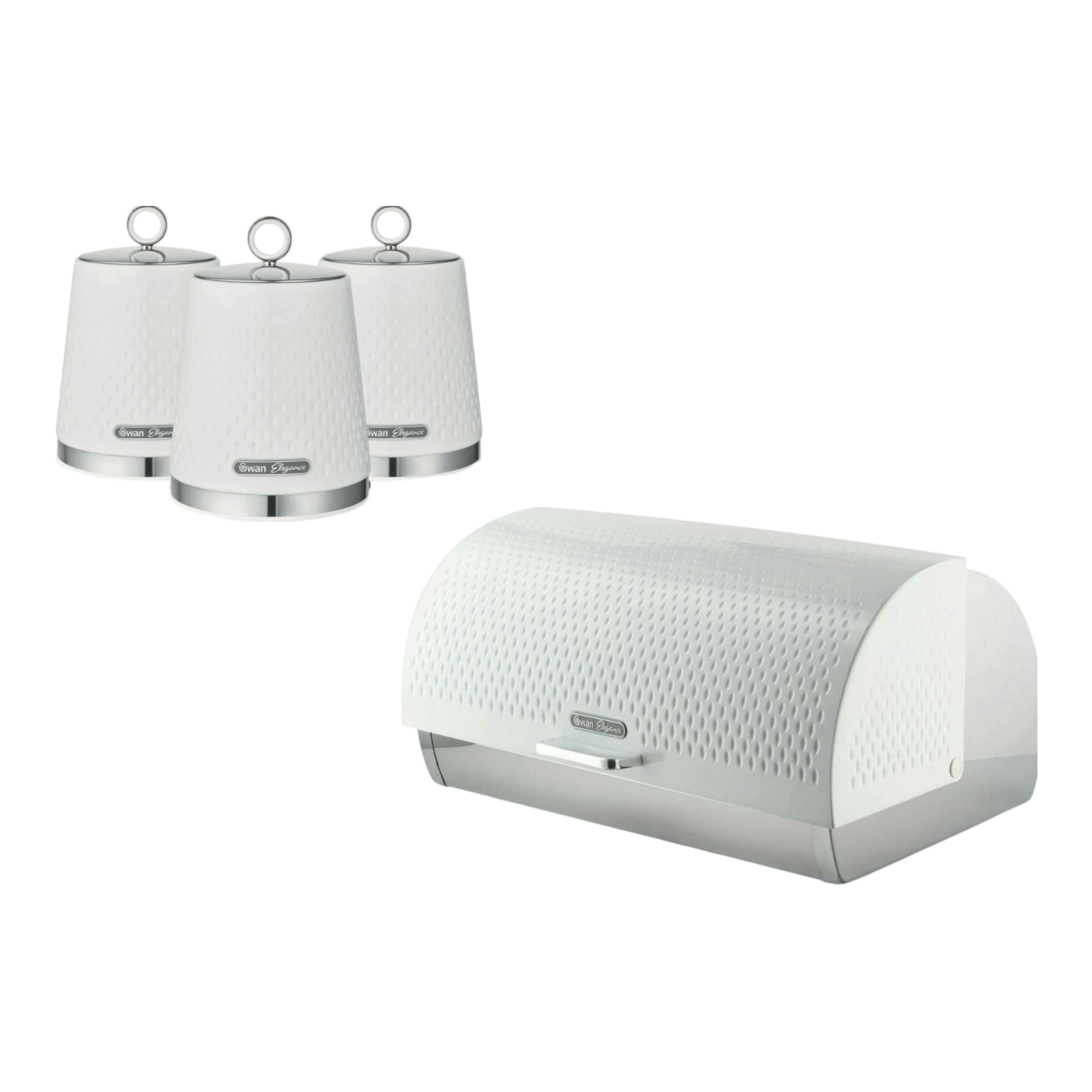 Swan Elegance White Breadbin & Tea Coffee Sugar Canisters Kitchen Set , view 1 of 1