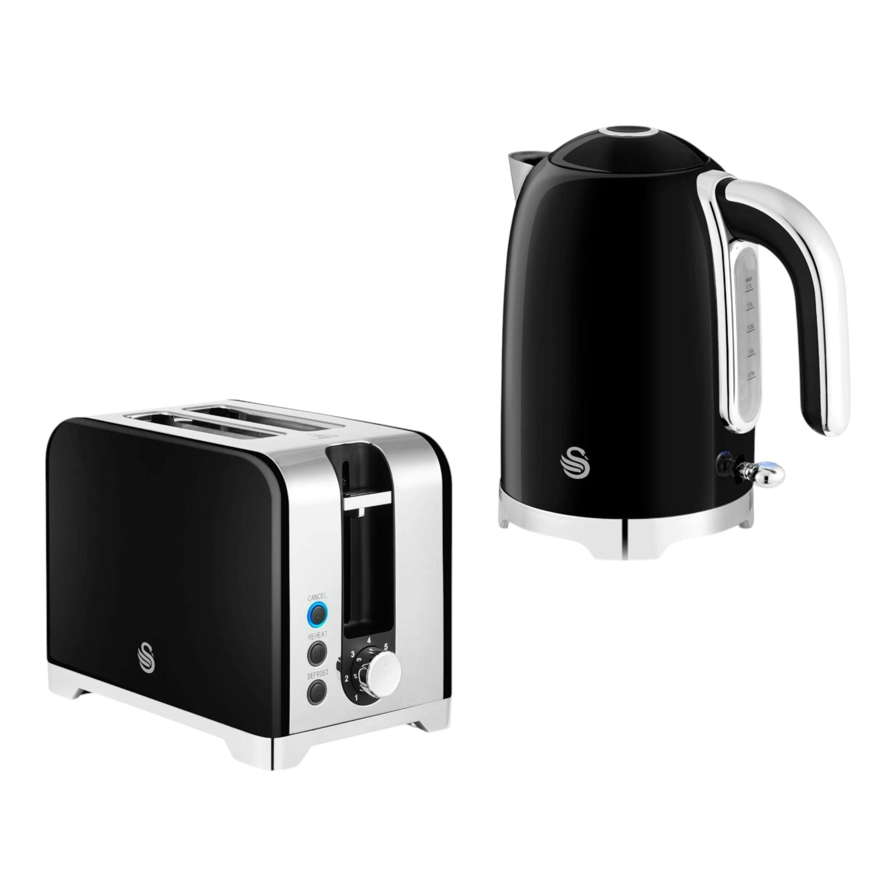 Swan Solace Black 1.7L 3KW Kettle & 2 Slice Toaster Set with High Gloss Black Finish & Chrome Trim , view 1 of 1