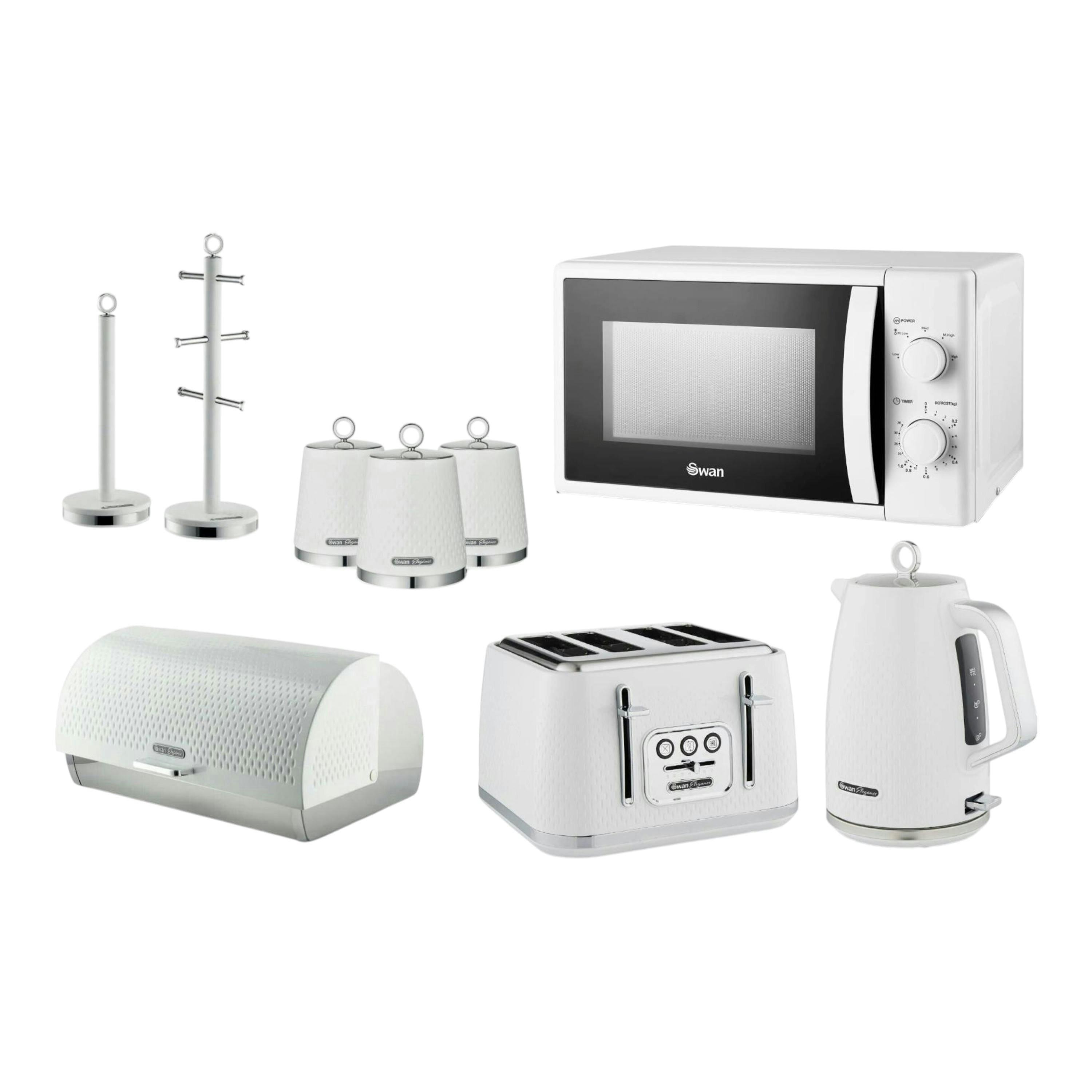 Swan Elegance White 9 Piece Kitchen Set — Kettle, Toaster, Breadbin, Canisters, Mug Tree, Towel Pole & SM4420WHT Microwave , view 1 of 1