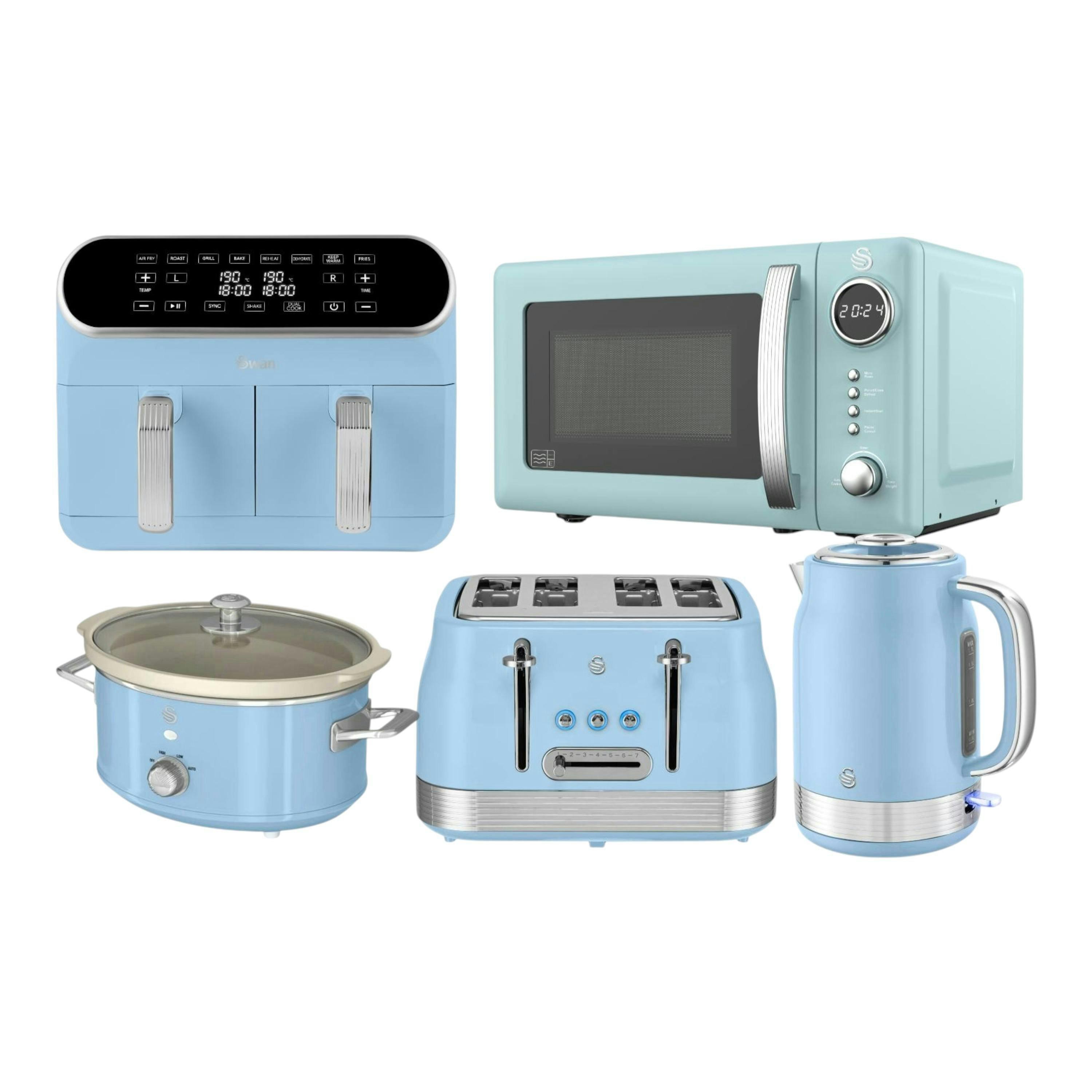 SWAN Retro Revive Blue 1.7L Jug Kettle, 4 Slice Toaster, 800W Microwave, 8L Dual Basket Air Fryer & 3.5L Slow Cooker , view 1 of 1