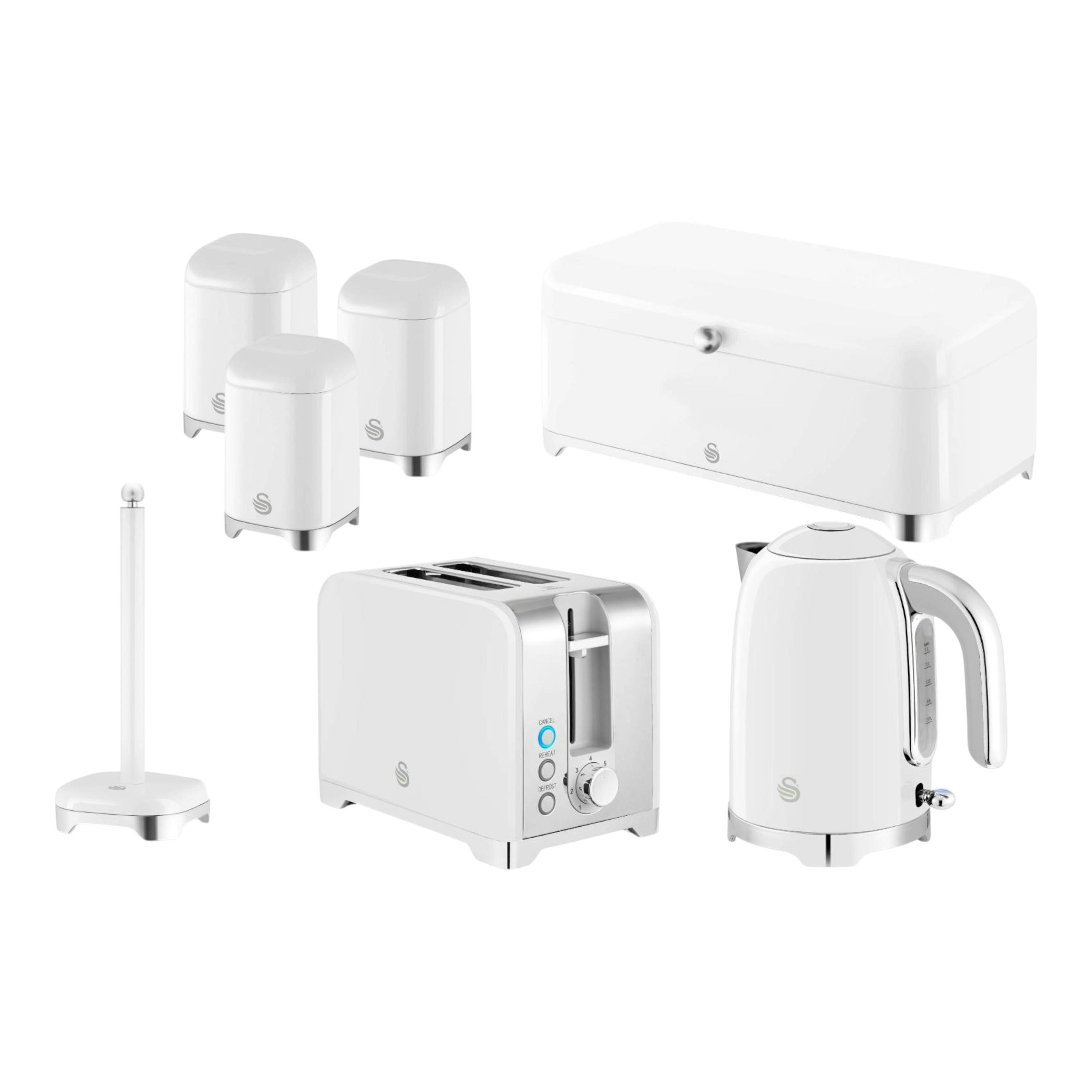 Swan Solace White 1.7L 3KW Kettle, 2-Slice Toaster, Bread Bin, Canisters & Kitchen Roll Holder , view 1 of 1