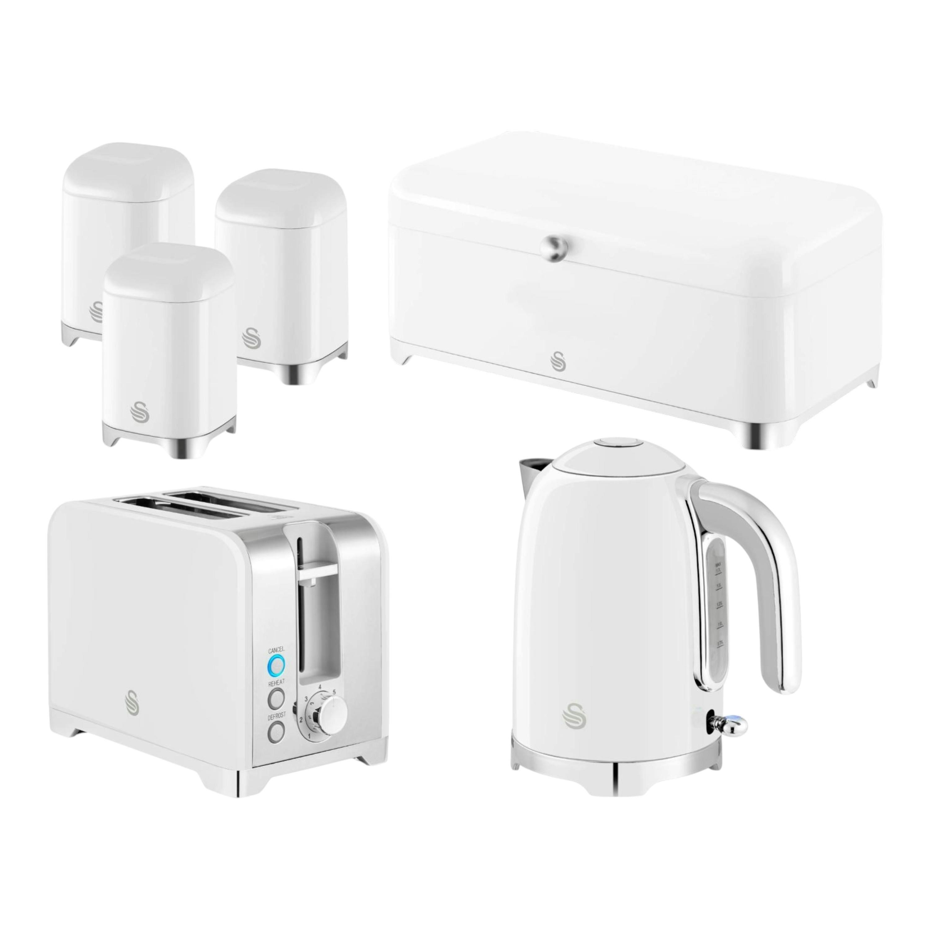 Swan Solace White 1.7L 3KW Kettle, 2-Slice Toaster, Bread Bin & Canisters Matching Kitchen Set , view 1 of 1