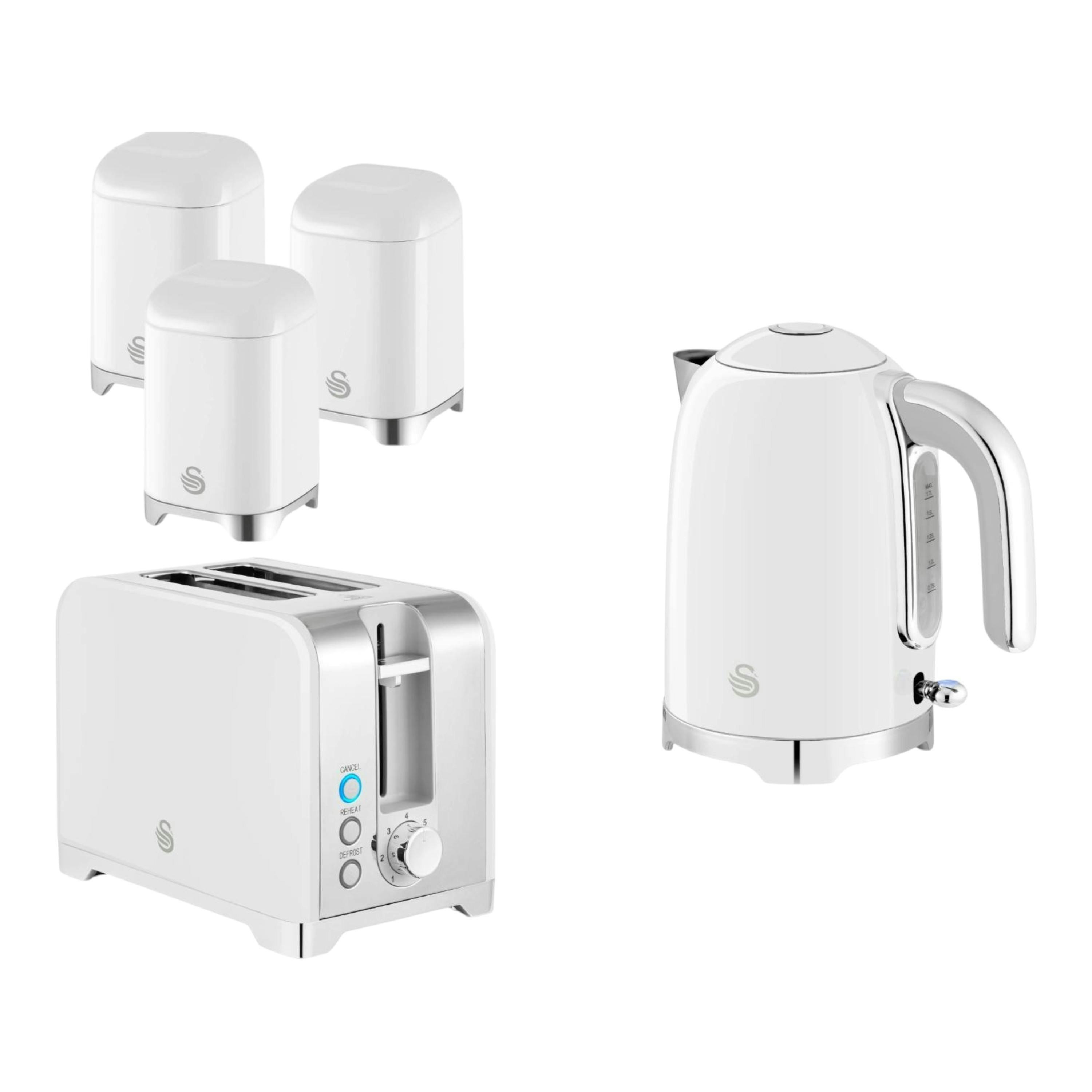 Swan Solace White 1.7L 3KW Kettle, 2-Slice Toaster & Canisters with Chrome Trim , view 1 of 1