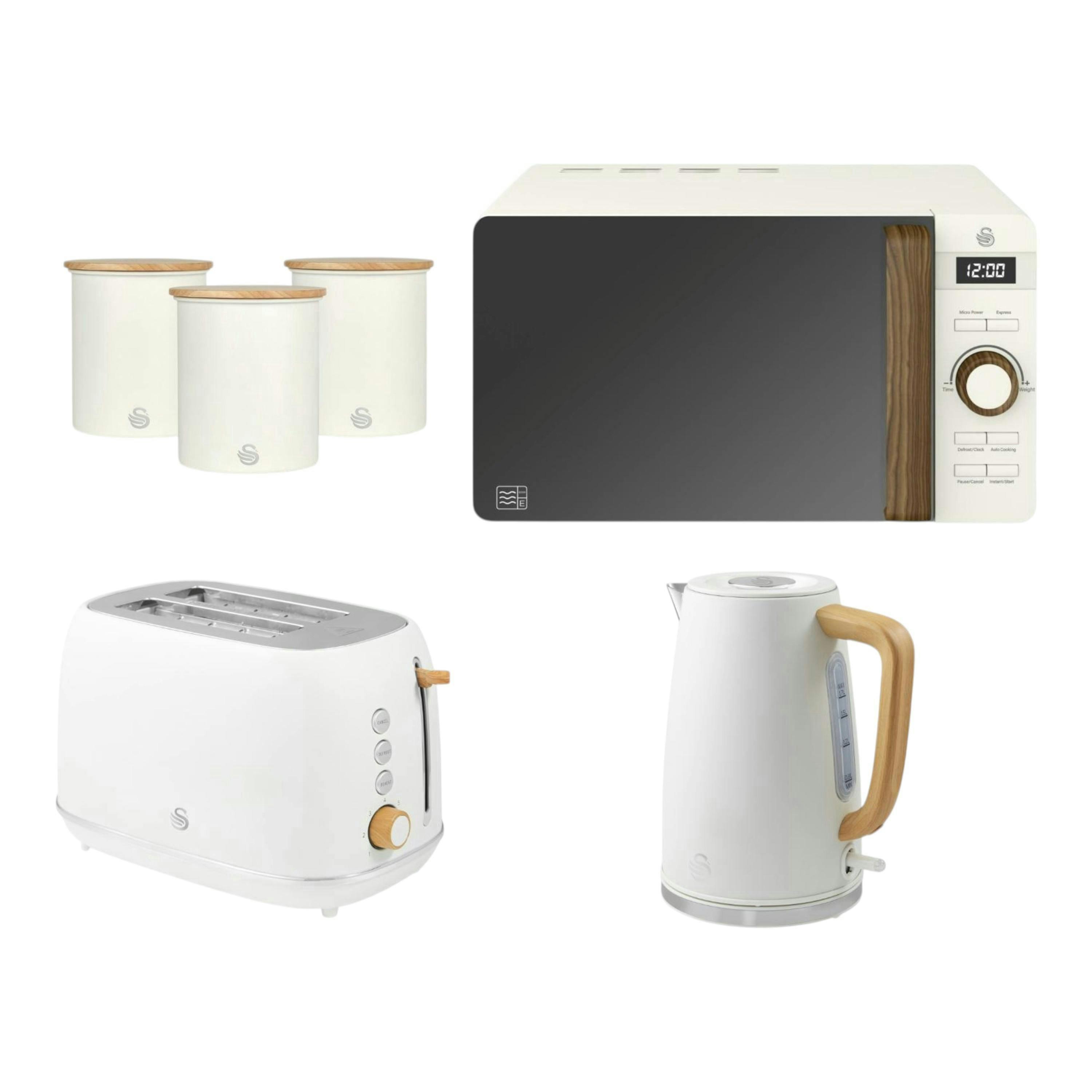 Swan Fjord White Jug Kettle, 2 Slice Toaster plus Nordic 800W 20L Microwave and 3 Canisters Kitchen Set , view 1 of 1