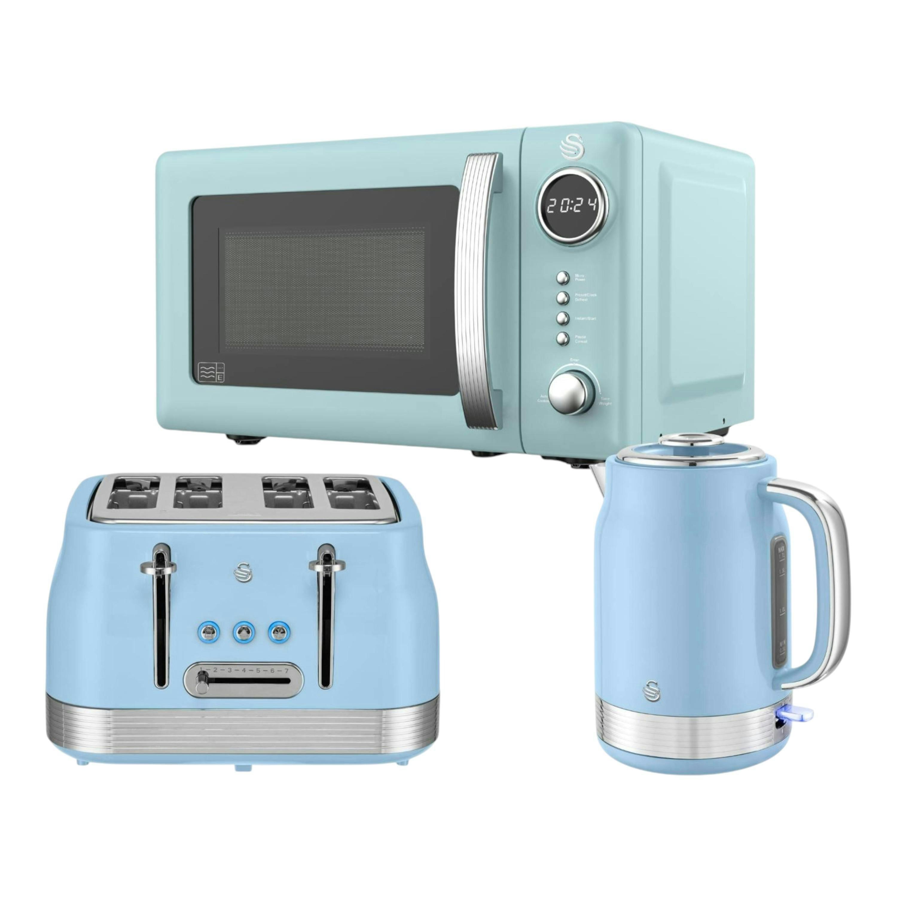 Swan Retro Revive Blue 1.7L Jug Kettle, 4 Slice Toaster and 20L Microwave – Retro Blue with Chrome Accents , view 1 of 1