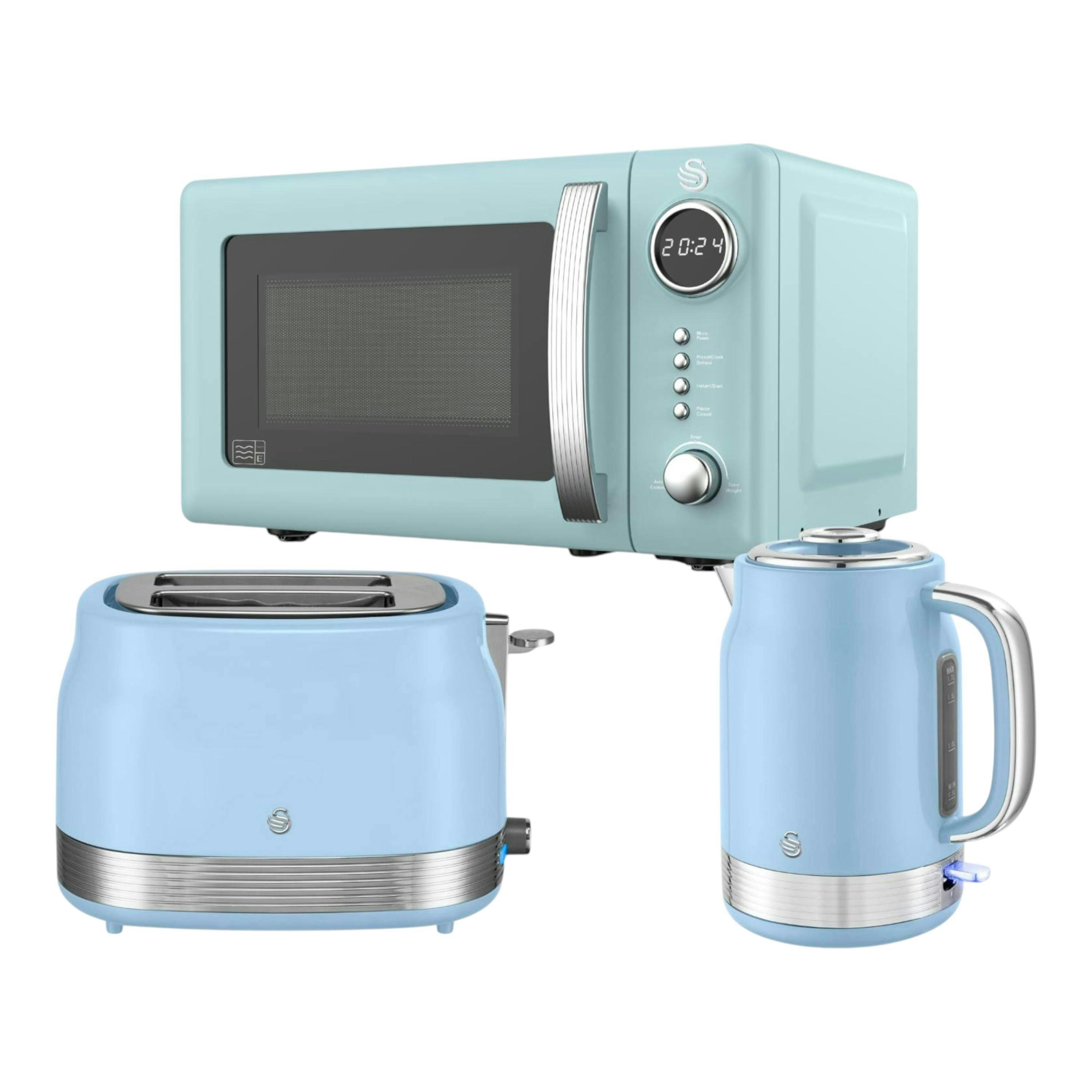 Swan Retro Revive Blue 1.7L Jug Kettle, 2 Slice Toaster and 20L Microwave – Retro Blue with Chrome Accents , view 1 of 1