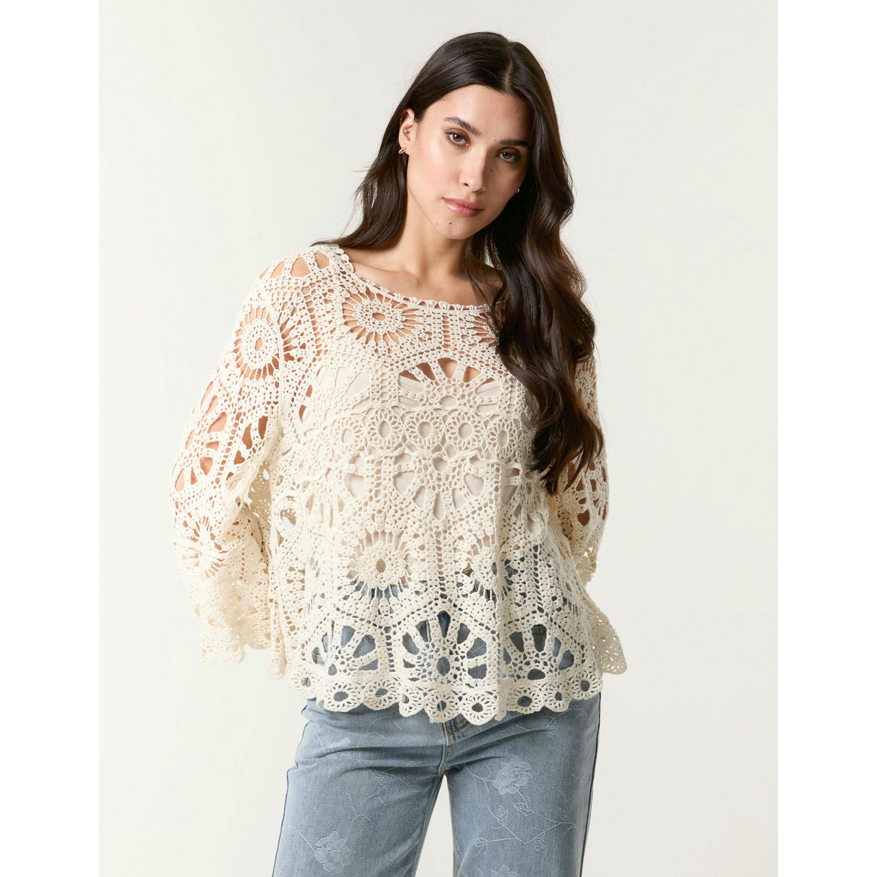 Blue Vanilla Crochet Top With Flared Sleeves  in Stone , view 1 of 4