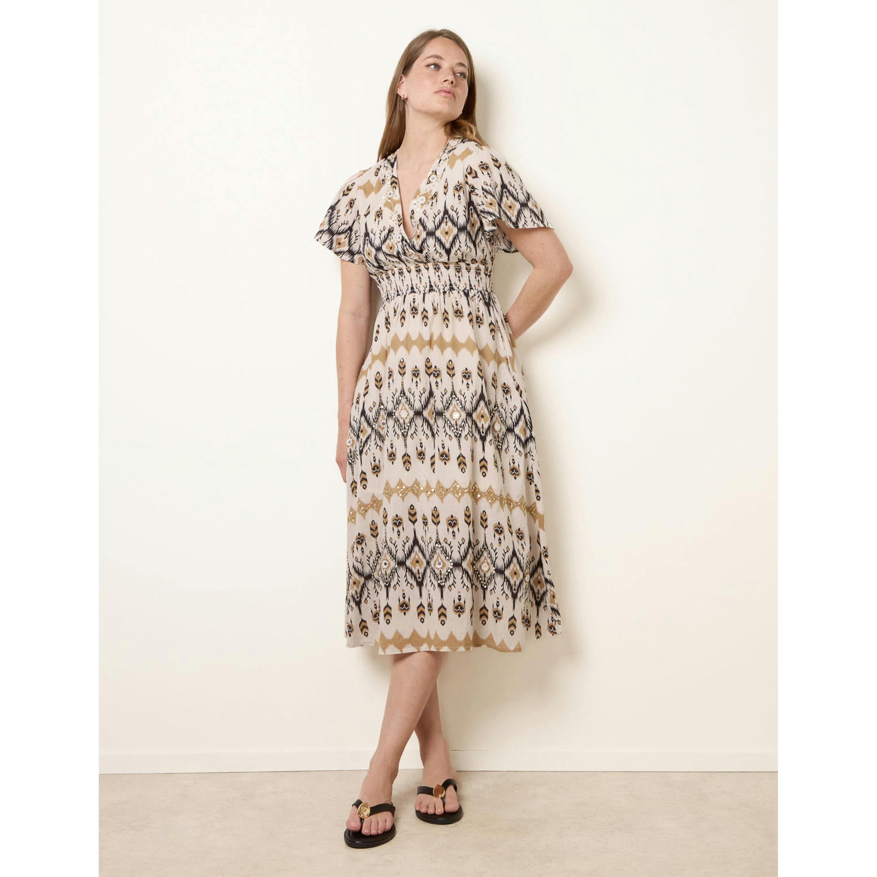 Blue Vanilla Embroidered Wrap Front Midi Dress  in Stone , view 1 of 4