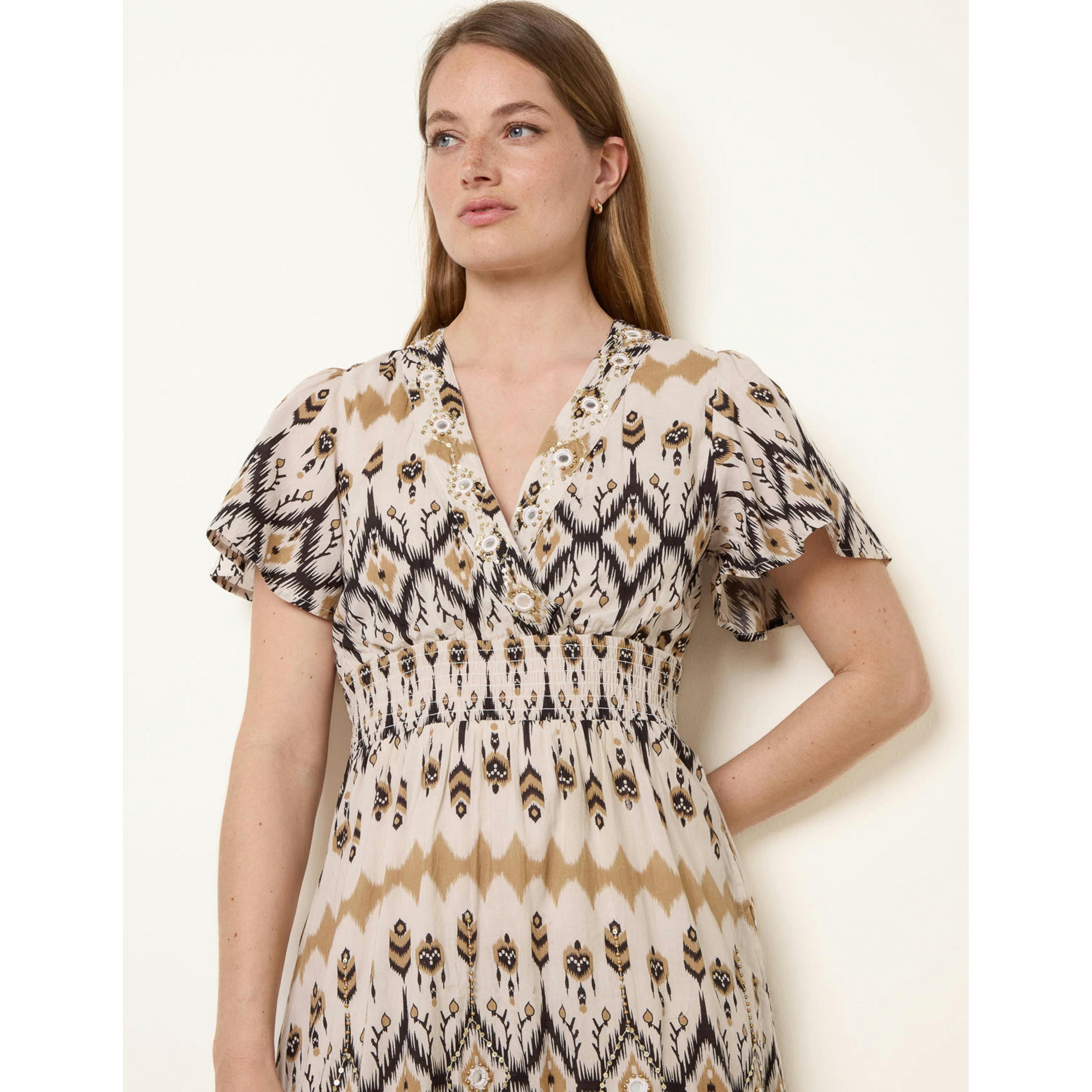 Blue Vanilla Embroidered Wrap Front Midi Dress  in Stone , view 3 of 4