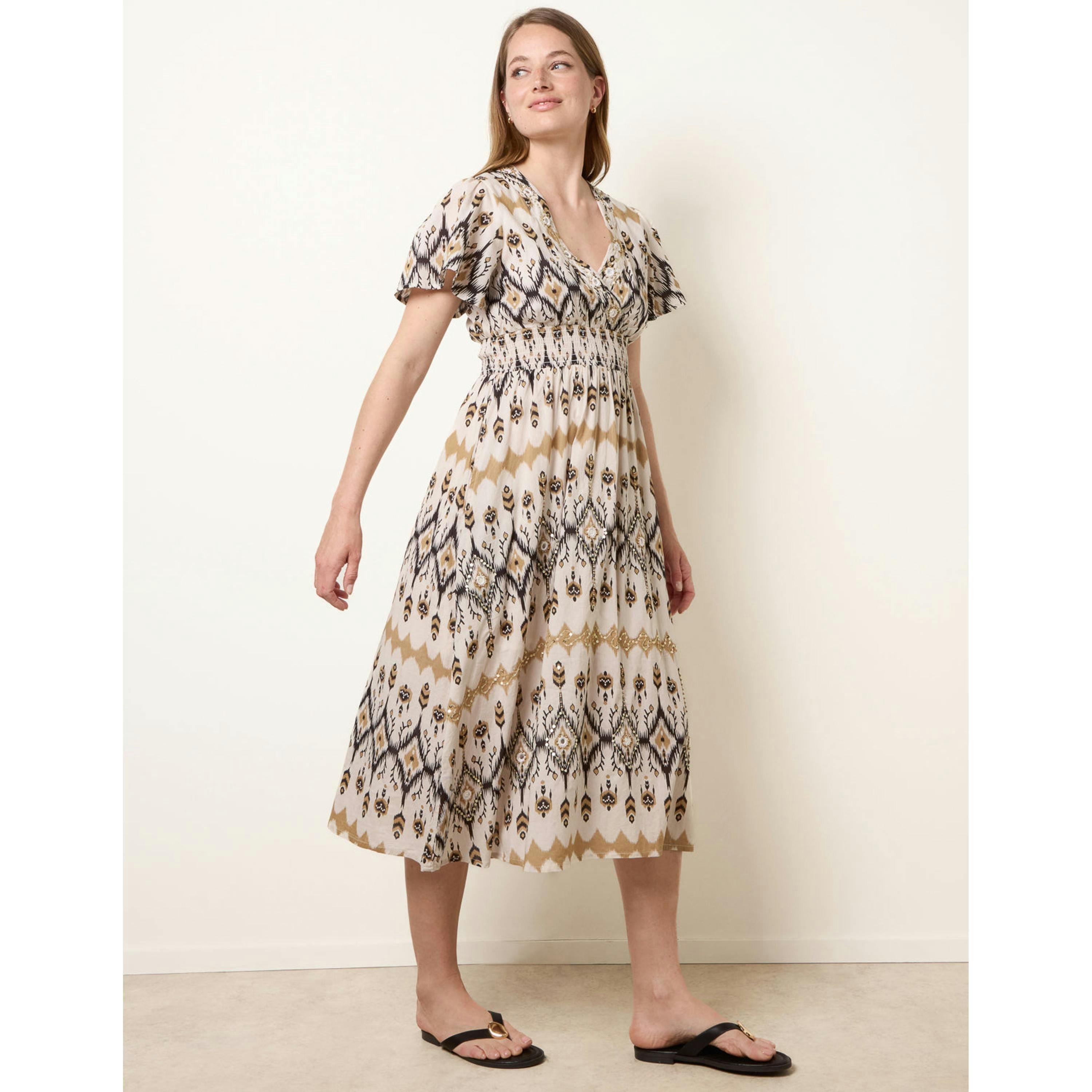 Blue Vanilla Embroidered Wrap Front Midi Dress  in Stone , view 4 of 4