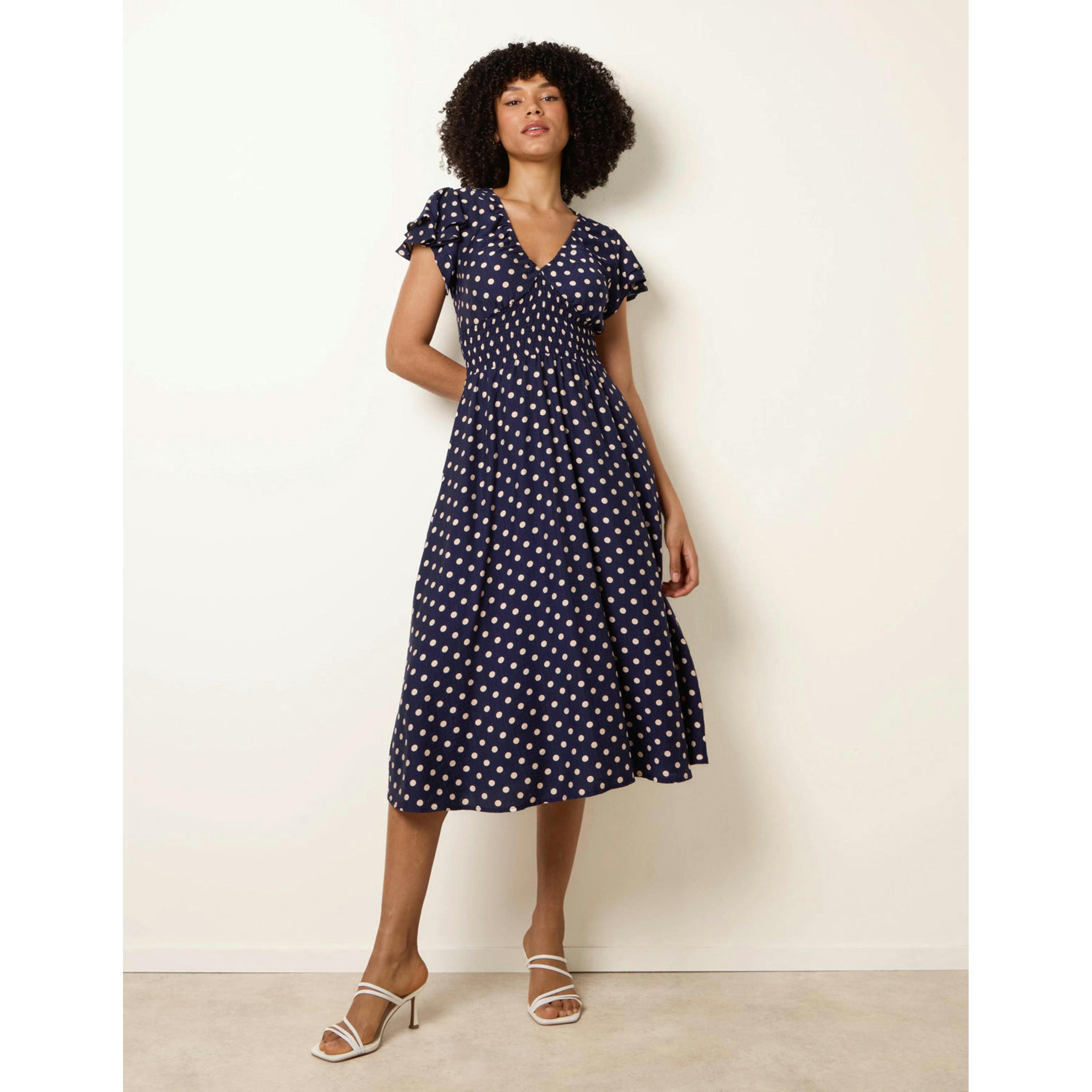 Blue Vanilla Polka Dot Elastic V Neck Midi Dress  in Navy , view 1 of 5