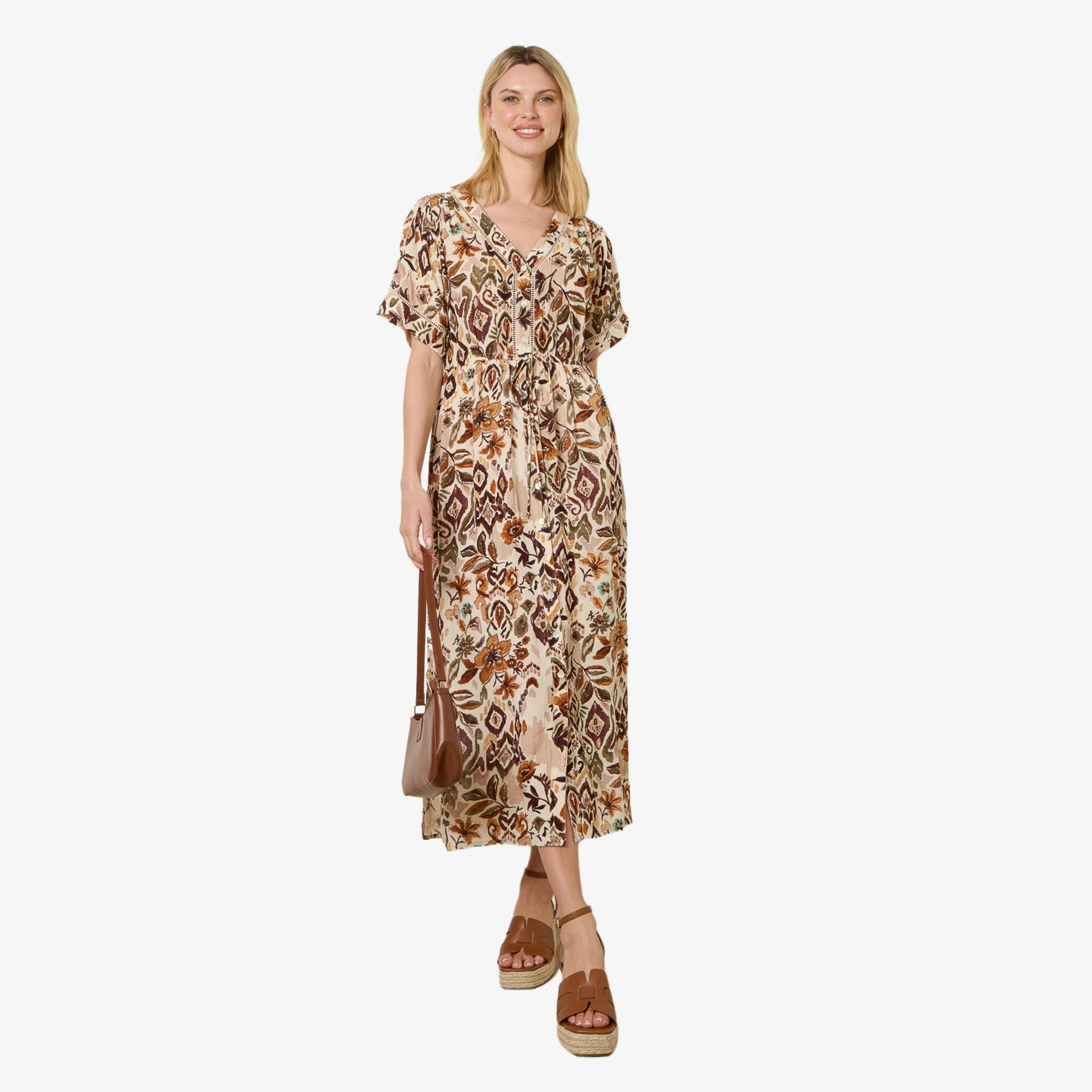 Blue Vanilla Printed Drawstring Waist Midi Dress   in  Brown , view 1 of 4