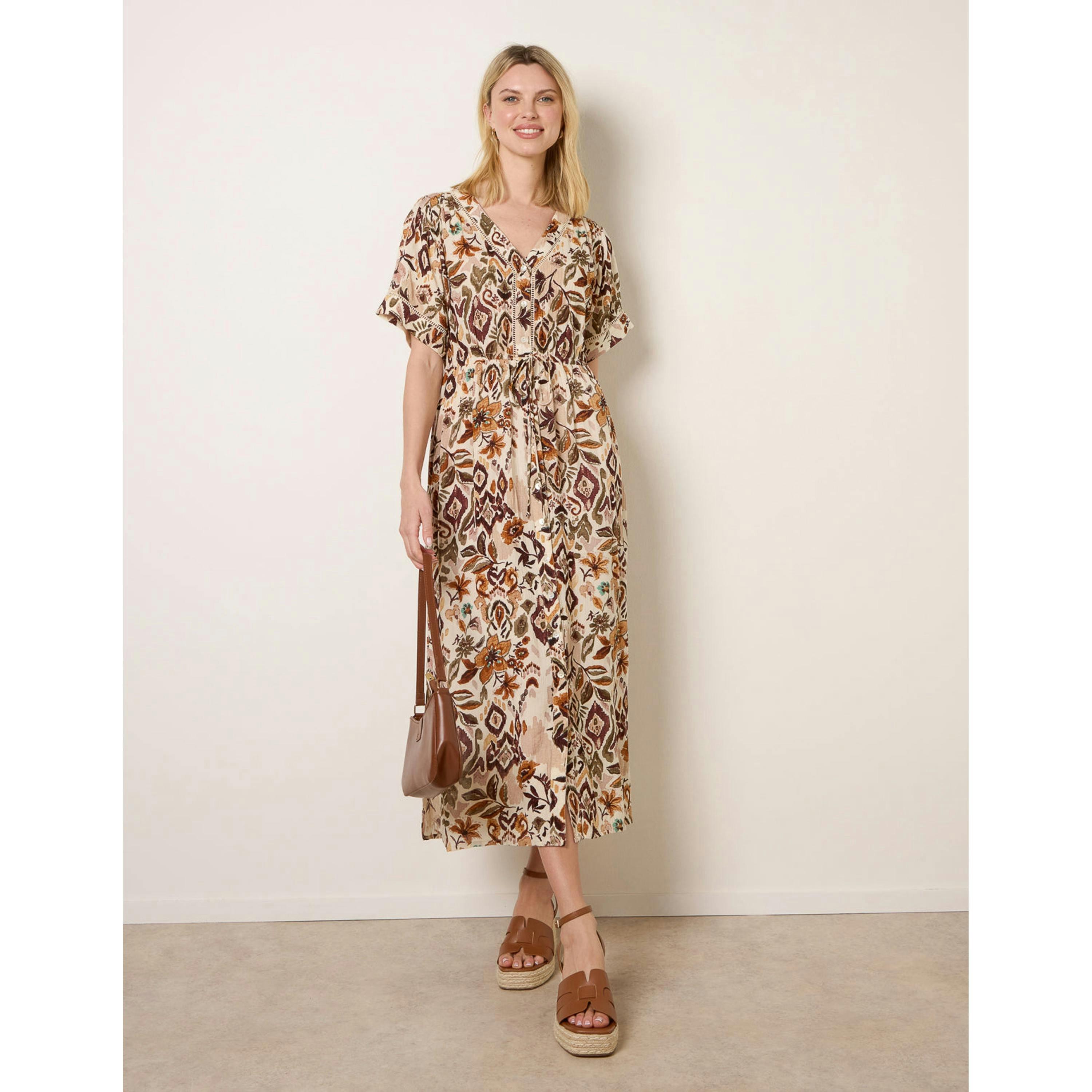 Blue Vanilla Printed Drawstring Waist Midi Dress  in Brown , view 3 of 4