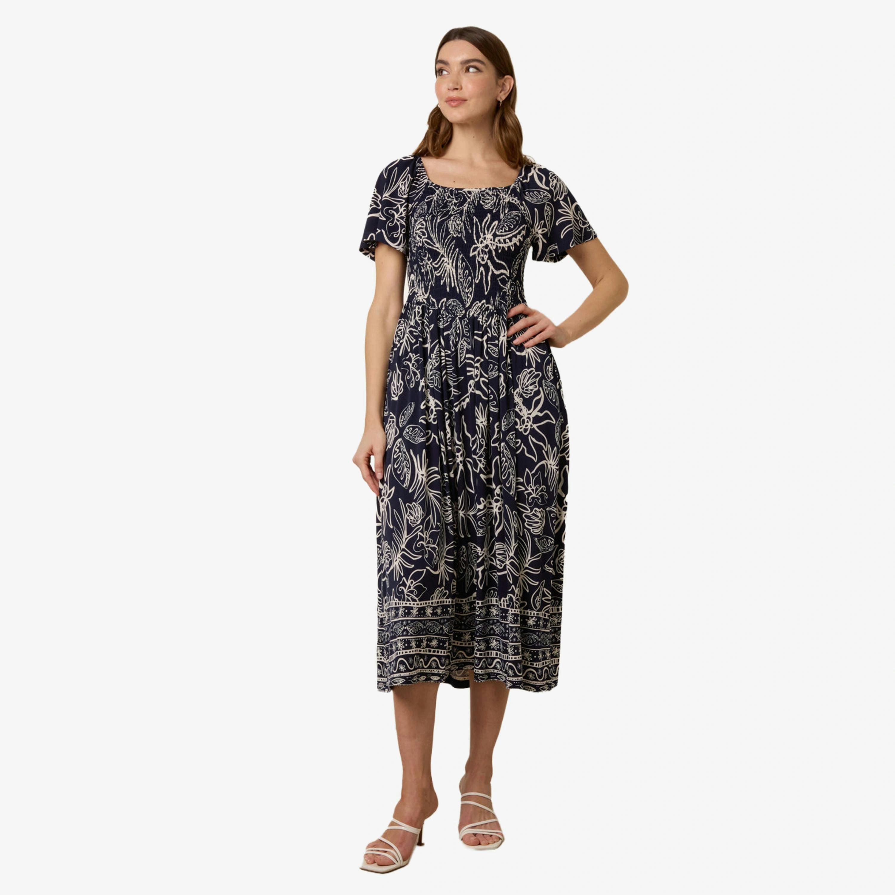 Blue Vanilla Shirred Drop Waist Midi Dress   in  Navy , view 1 of 4