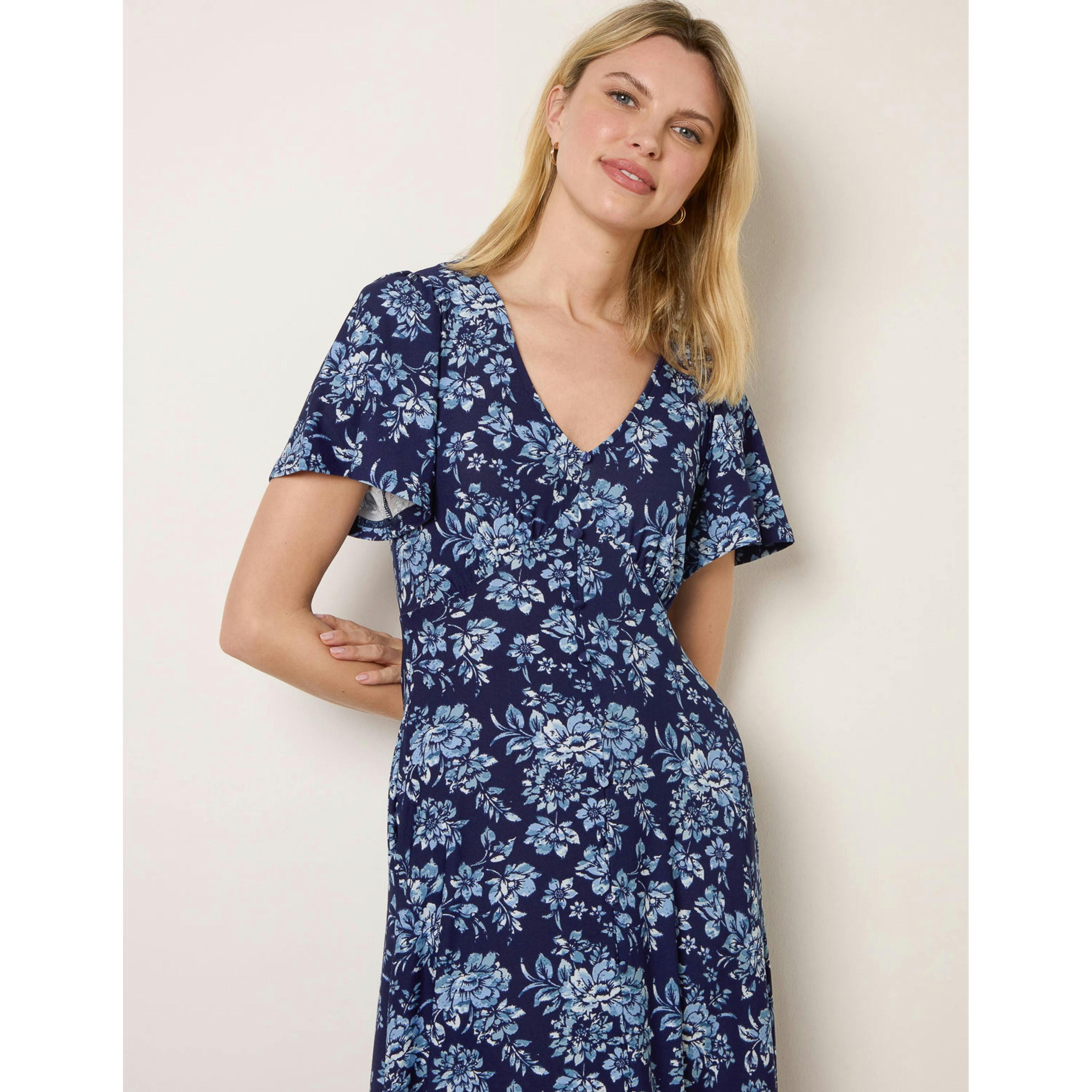 Blue Vanilla Floral Button Through Midi Dress  in Blue , view 3 of 4