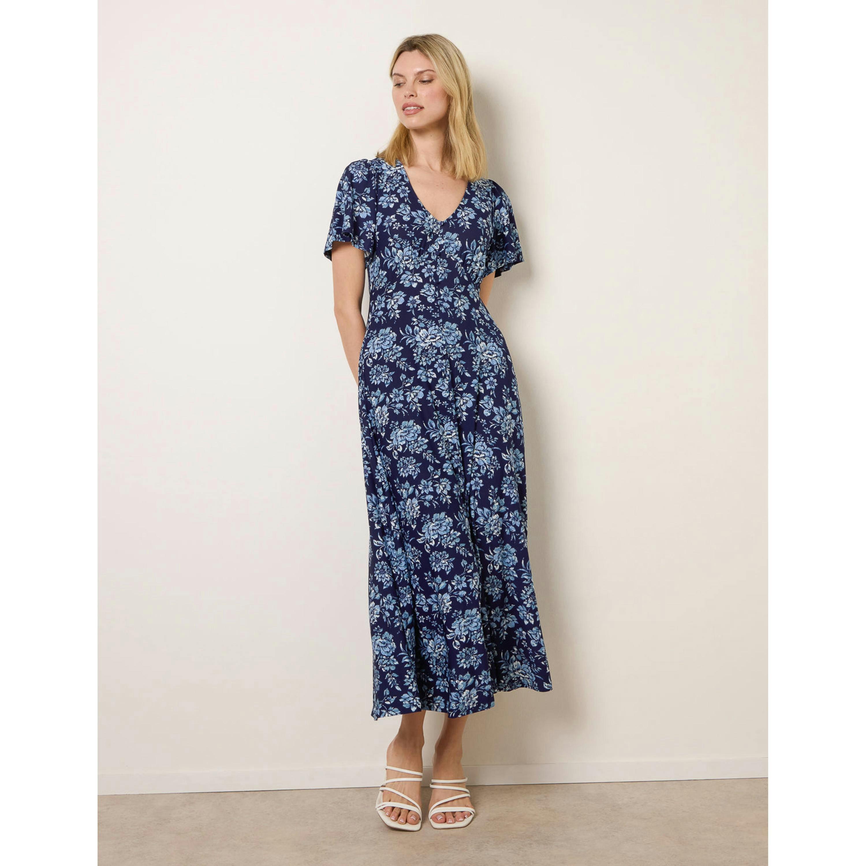 Blue Vanilla Floral Button Through Midi Dress  in Blue , view 4 of 4