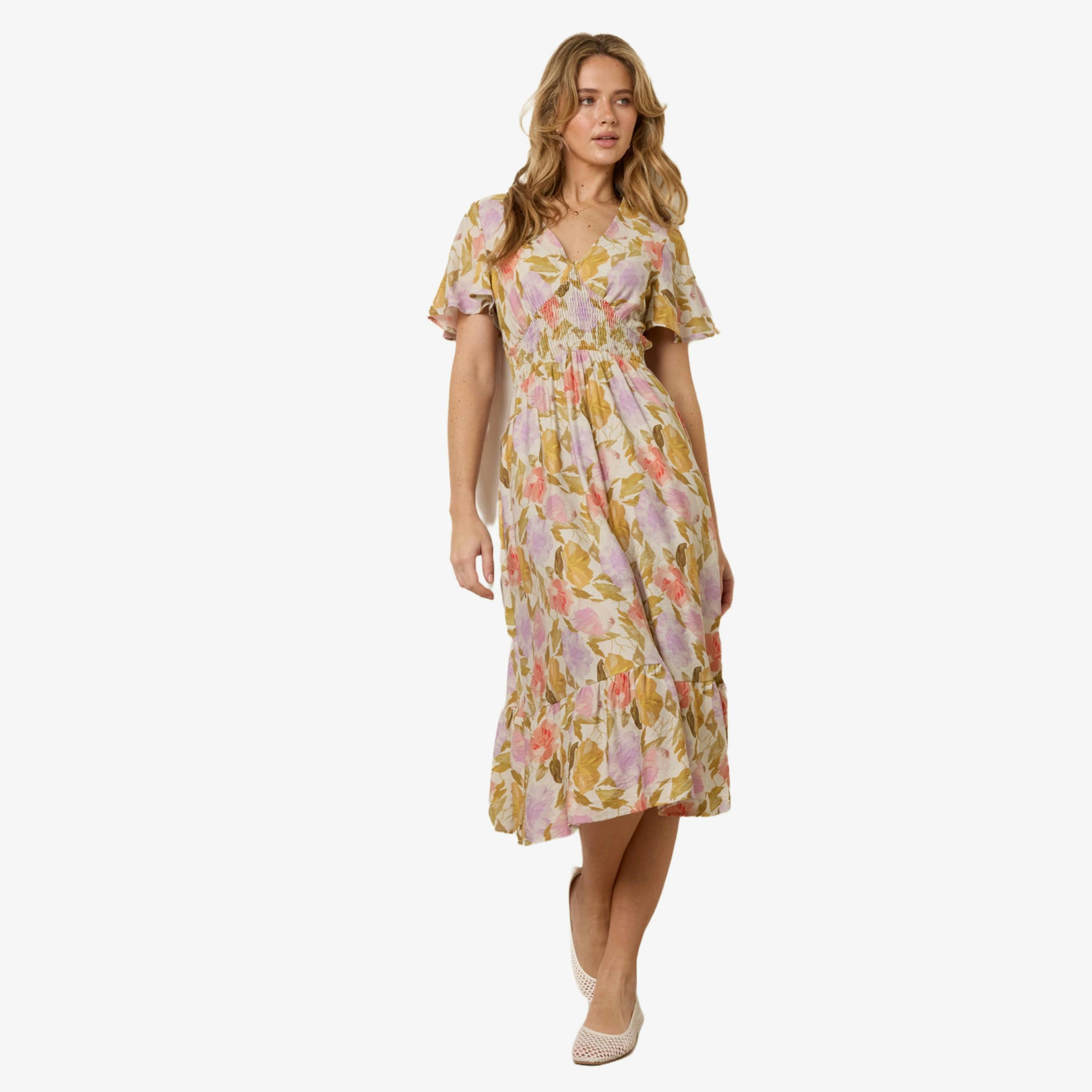 Blue Vanilla Floral Print Angel Sleeve Midi Dress   in  Multicolour , view 1 of 4