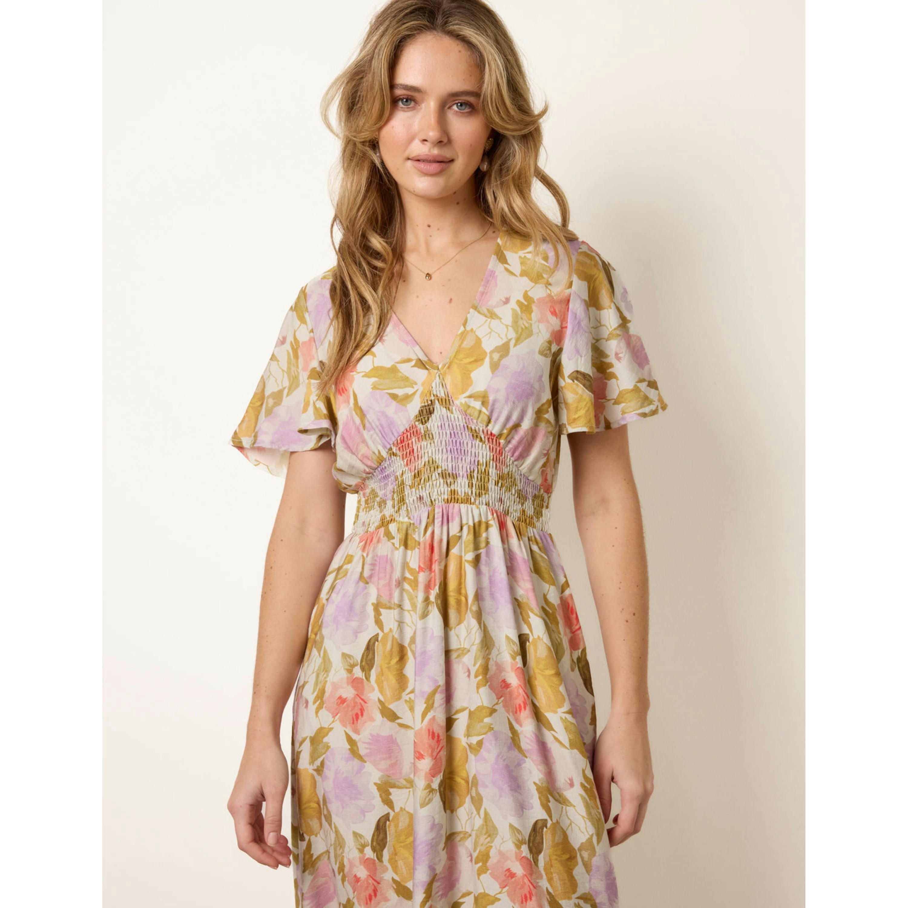 Blue Vanilla Floral Print Angel Sleeve Midi Dress  in Multicolour , view 4 of 4