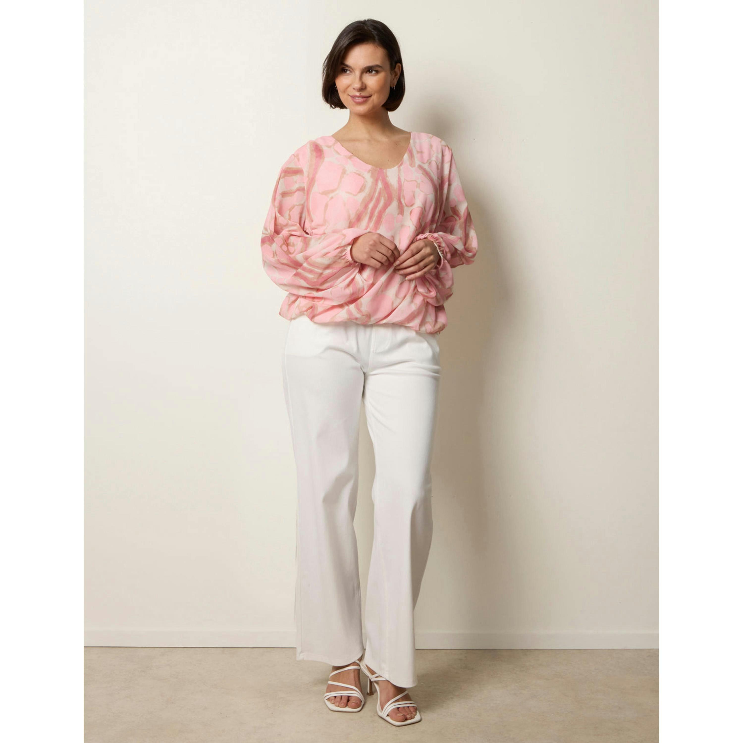 Blue Vanilla Abstract Print V Neck Puffball Top  in Pink , view 3 of 4