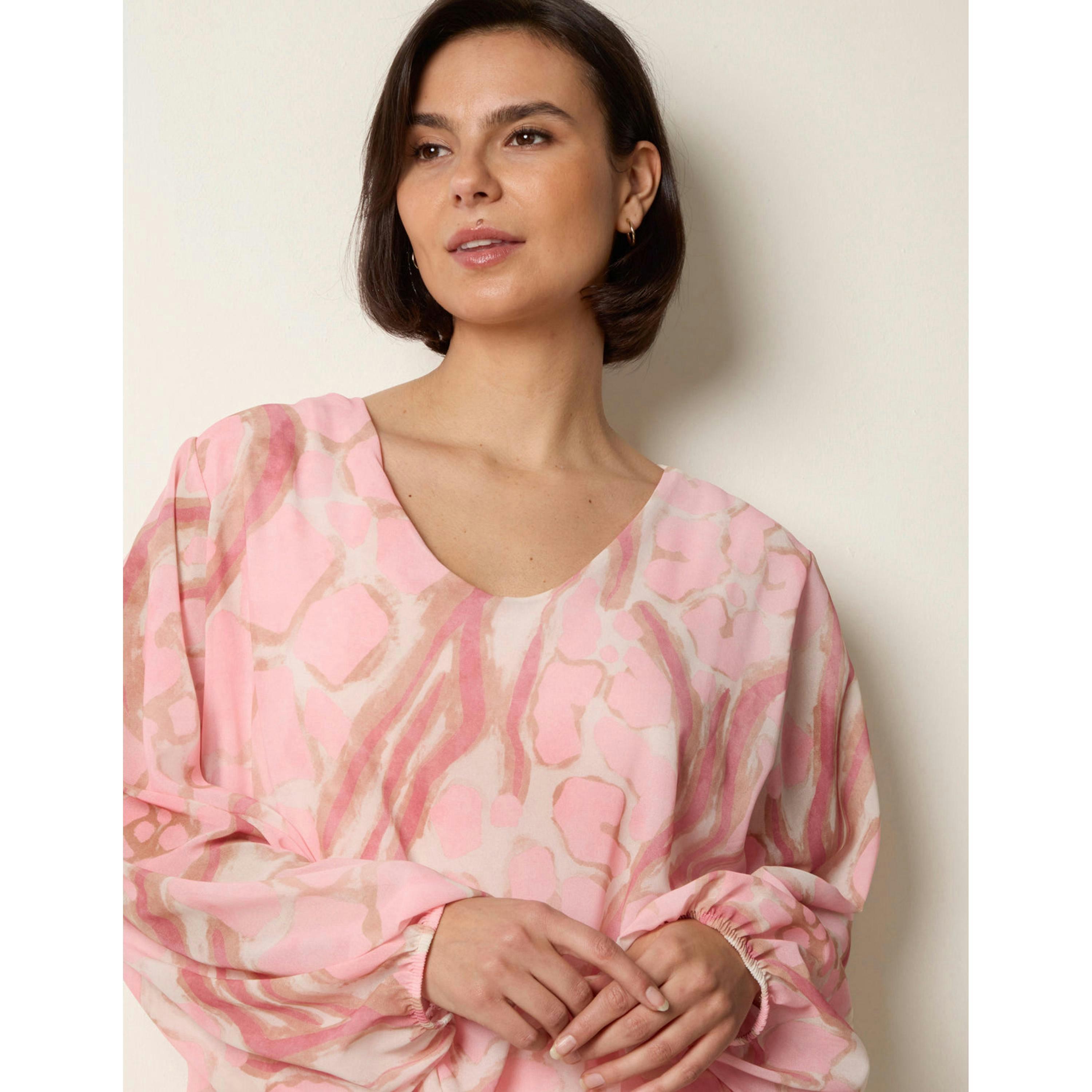 Blue Vanilla Abstract Print V Neck Puffball Top  in Pink , view 4 of 4
