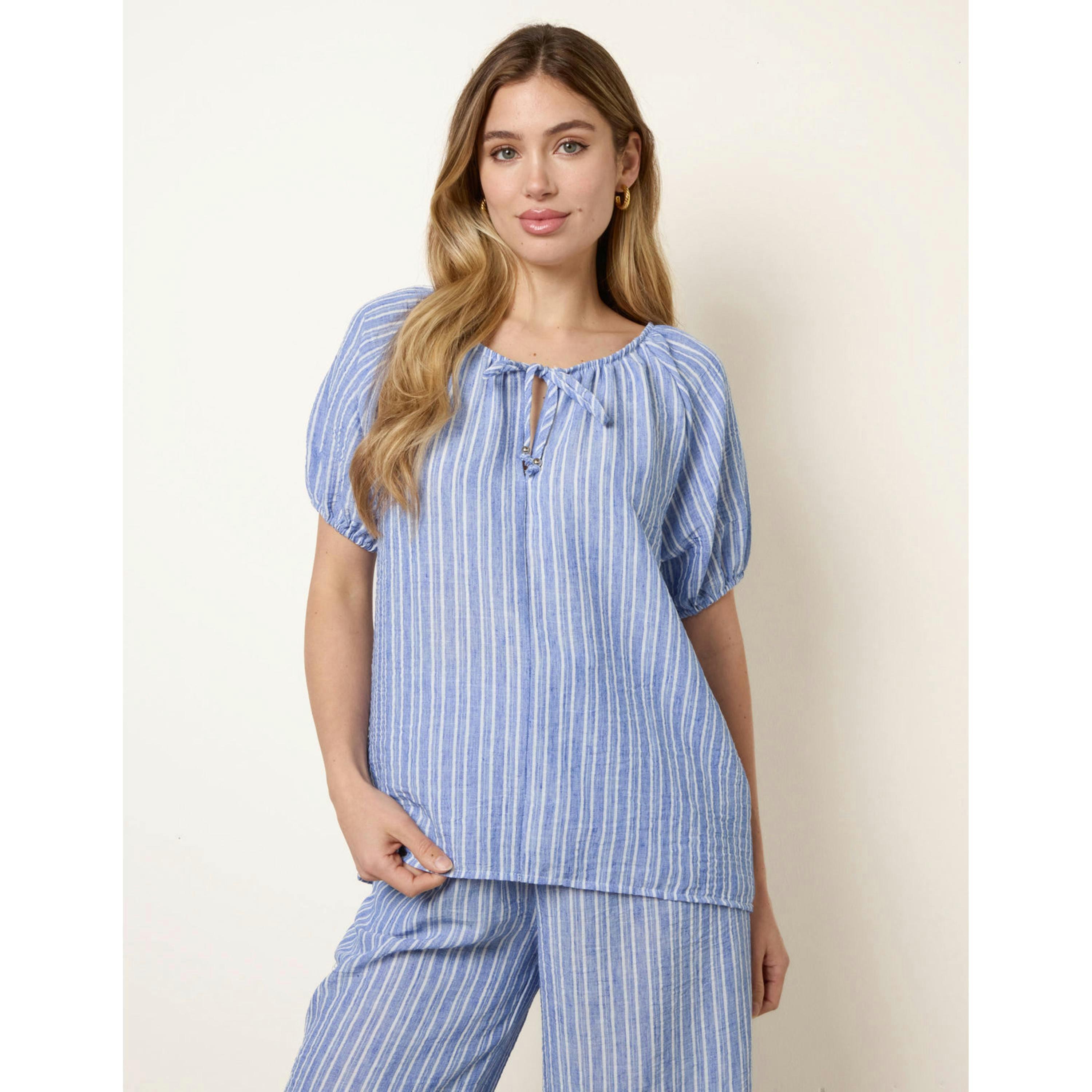 Blue Vanilla Tie Front Stripe Blouse   in  Blue , view 1 of 4