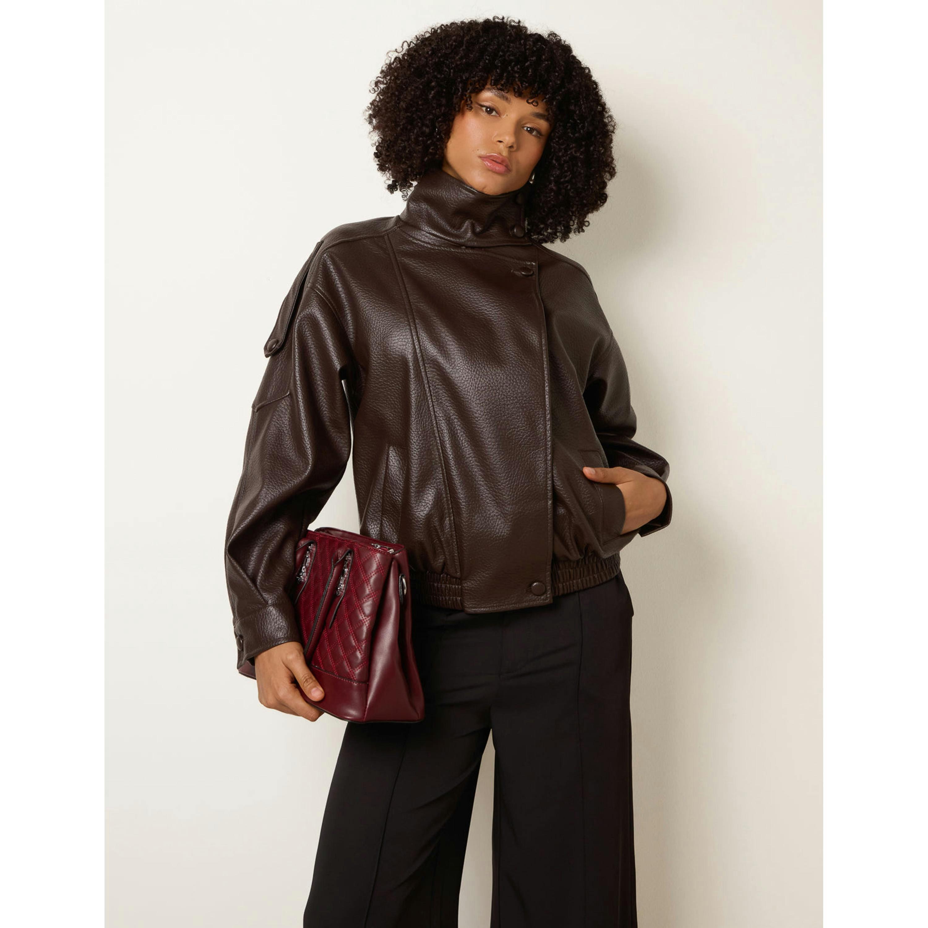 Blue Vanilla High Collar Faux Leather Jacket  in Brown , view 1 of 4