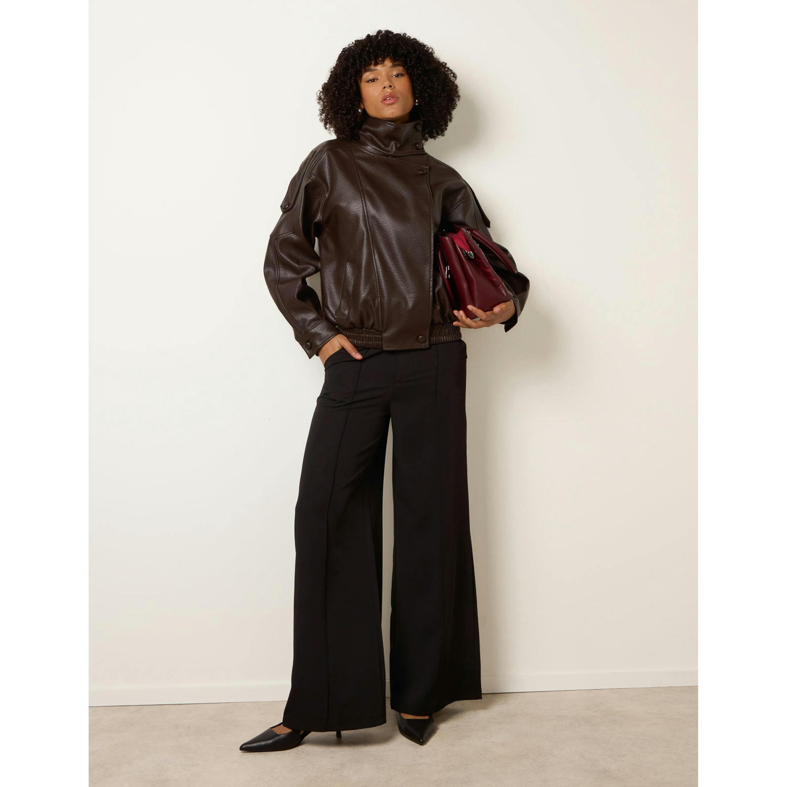 Blue Vanilla High Collar Faux Leather Jacket  in Brown , view 3 of 4