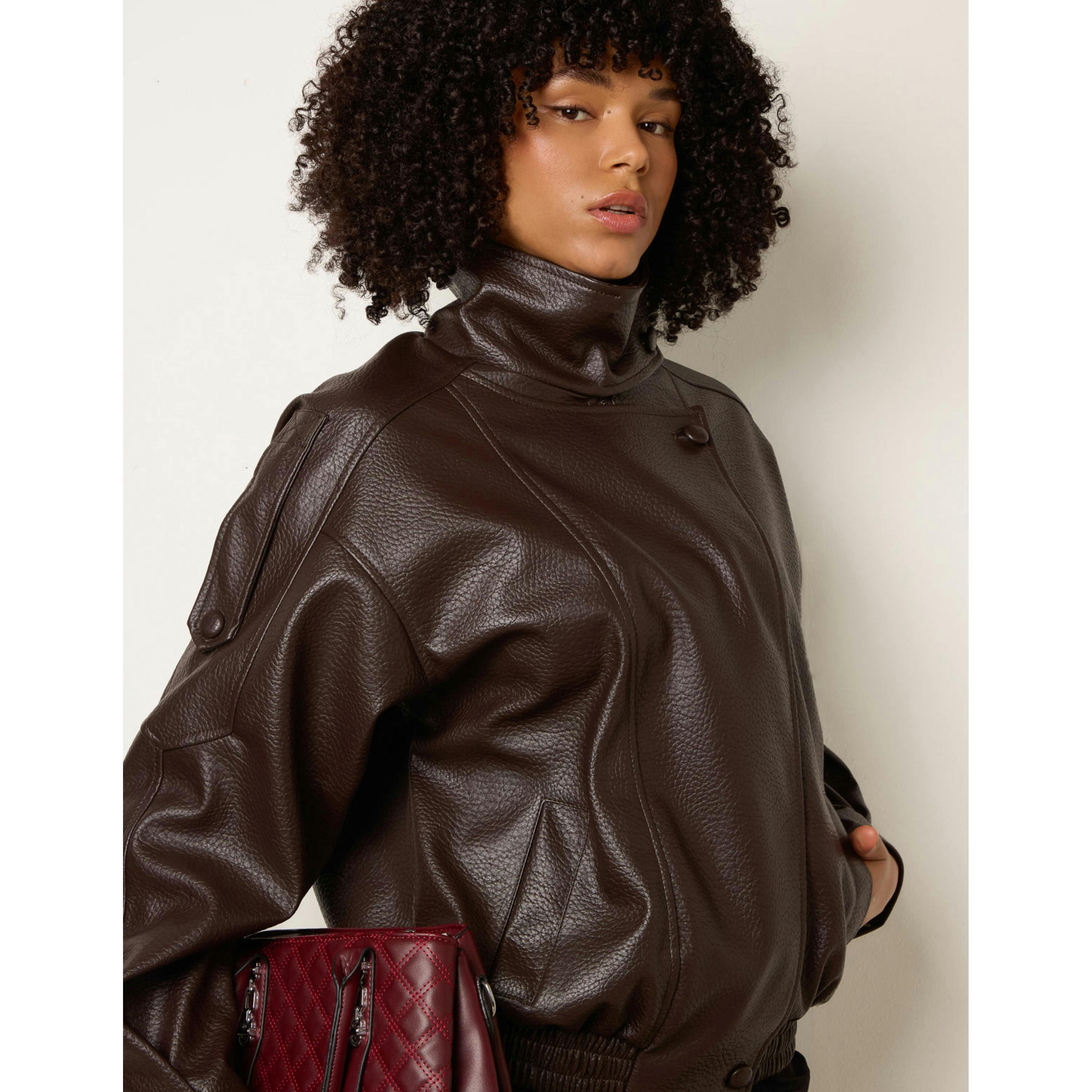 Blue Vanilla High Collar Faux Leather Jacket  in Brown , view 4 of 4