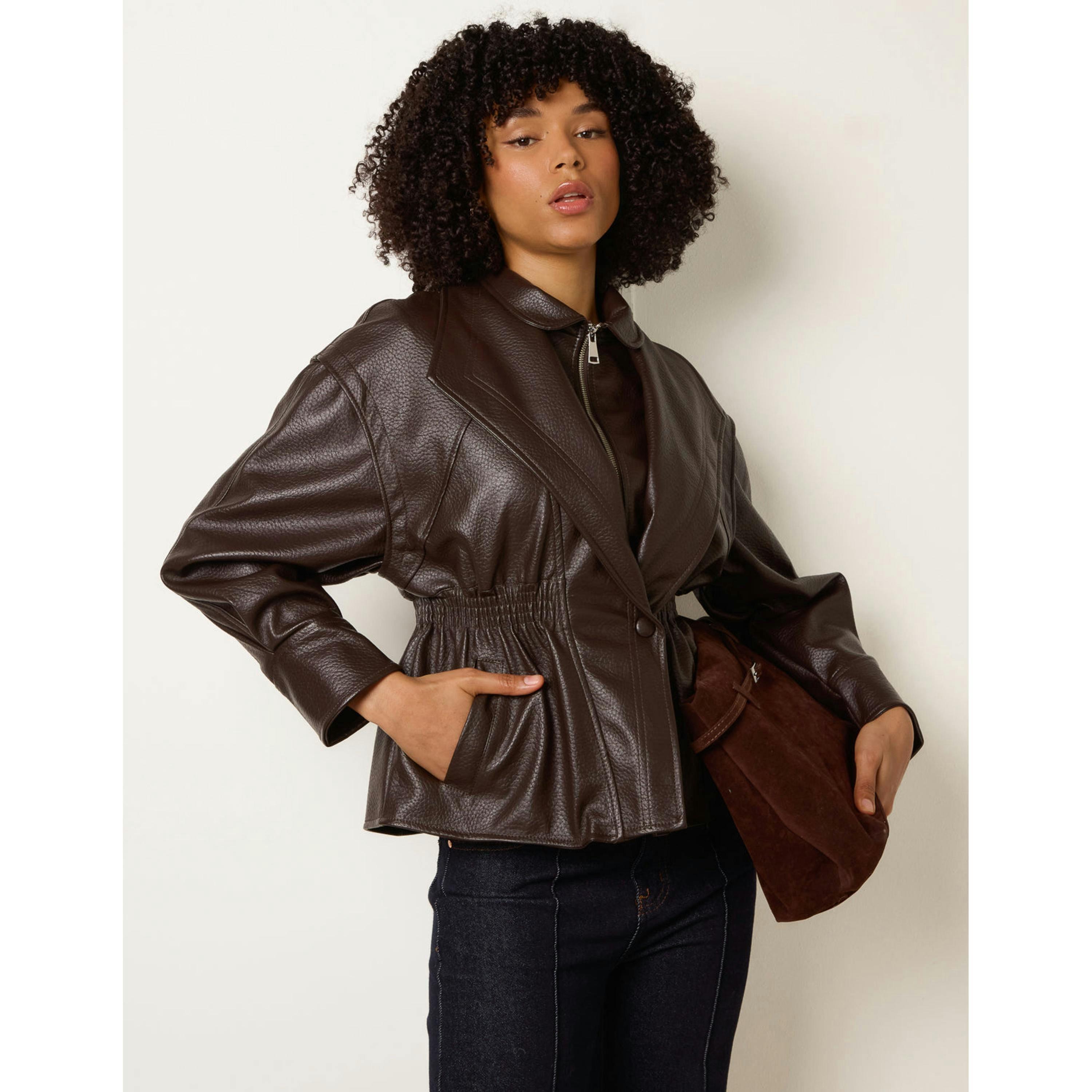 Blue Vanilla Collared Shirred Waist Faux Leather Jacket   in  Brown , view 1 of 4