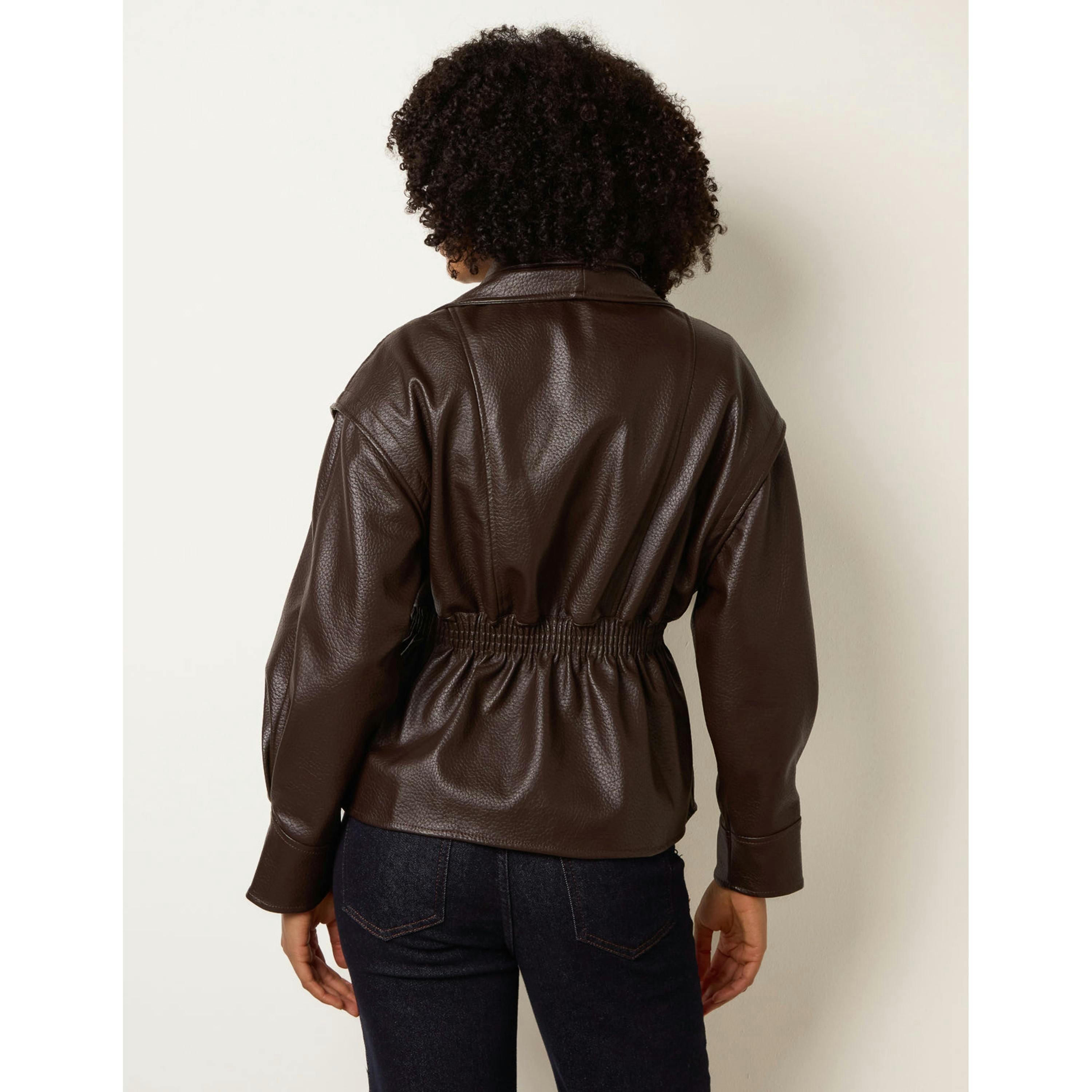 Blue Vanilla Collared Shirred Waist Faux Leather Jacket  in Brown , view 2 of 4